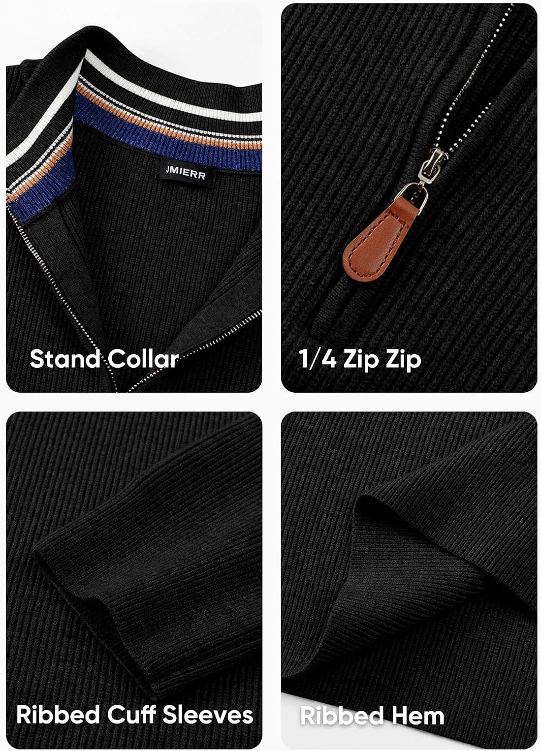 imageJMIERR Mens Quarter Zip Pullover Sweaters Casual Long Sleeve Fall Knit Texture SweaterBlack