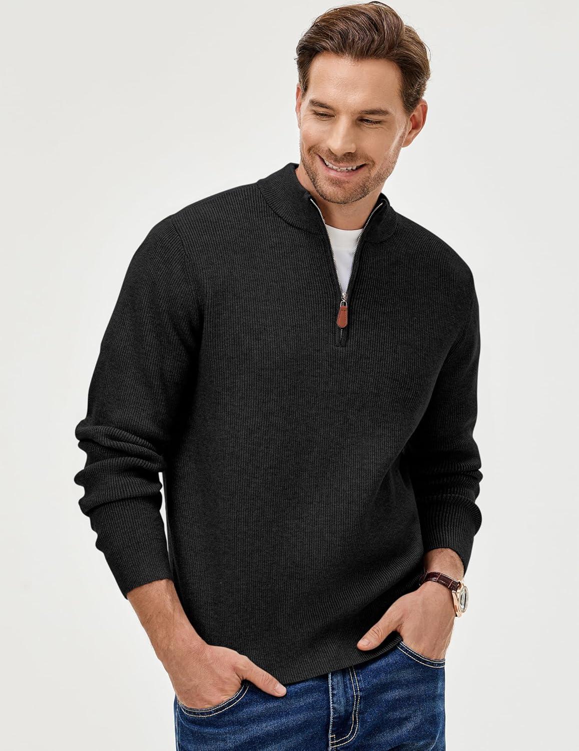 imageJMIERR Mens Quarter Zip Pullover Sweaters Casual Long Sleeve Fall Knit Texture SweaterBlack