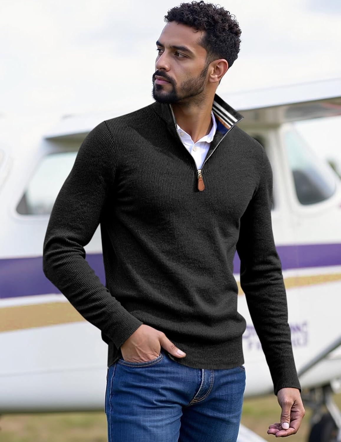 imageJMIERR Mens Quarter Zip Pullover Sweaters Casual Long Sleeve Fall Knit Texture SweaterBlack