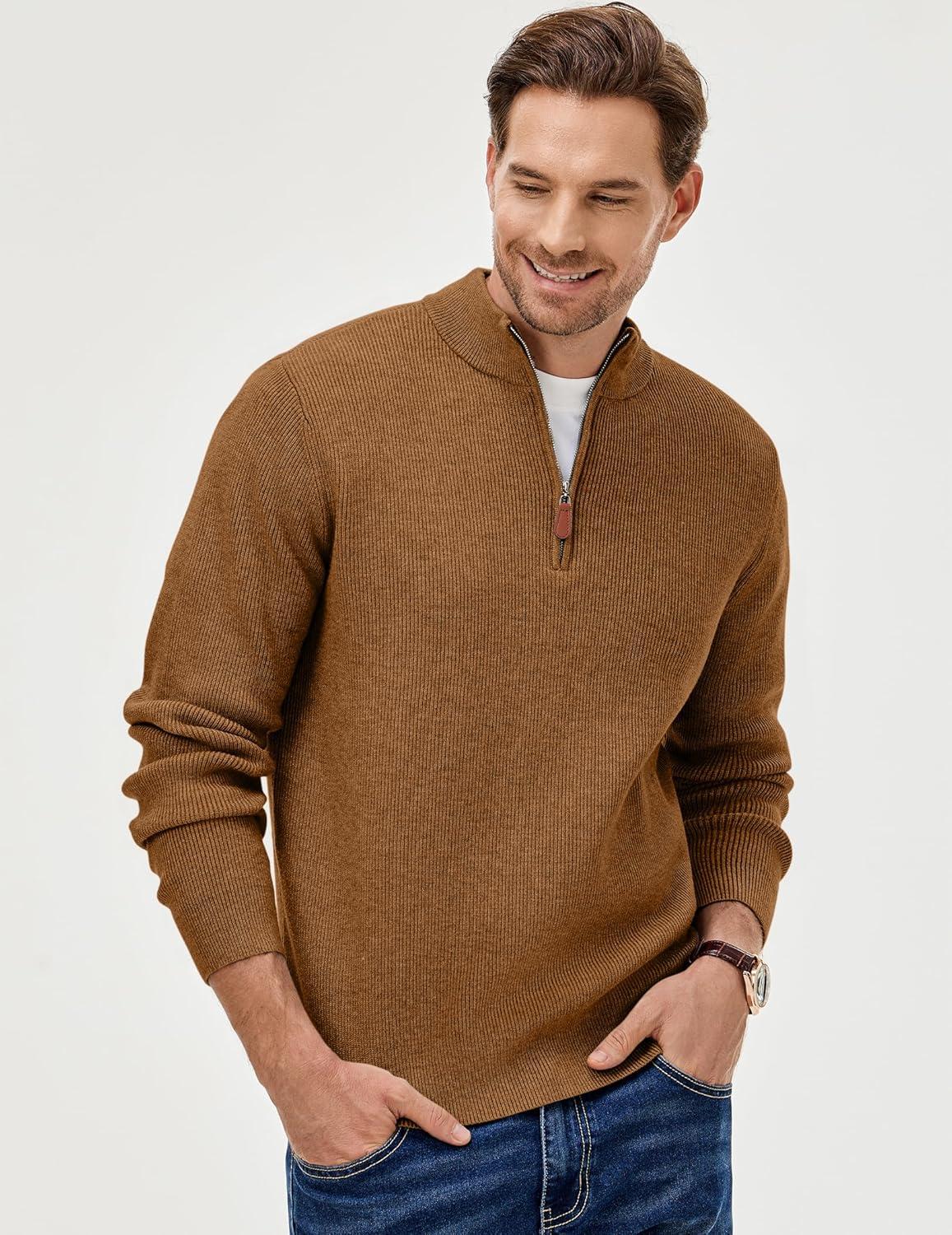 imageJMIERR Mens Quarter Zip Pullover Sweaters Casual Long Sleeve Fall Knit Texture SweaterBrown