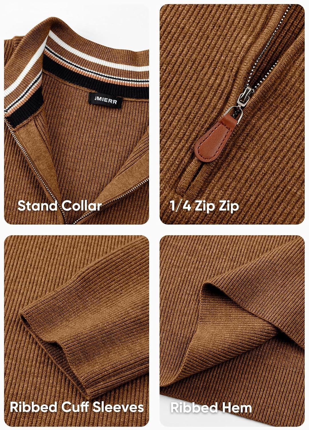 imageJMIERR Mens Quarter Zip Pullover Sweaters Casual Long Sleeve Fall Knit Texture SweaterBrown