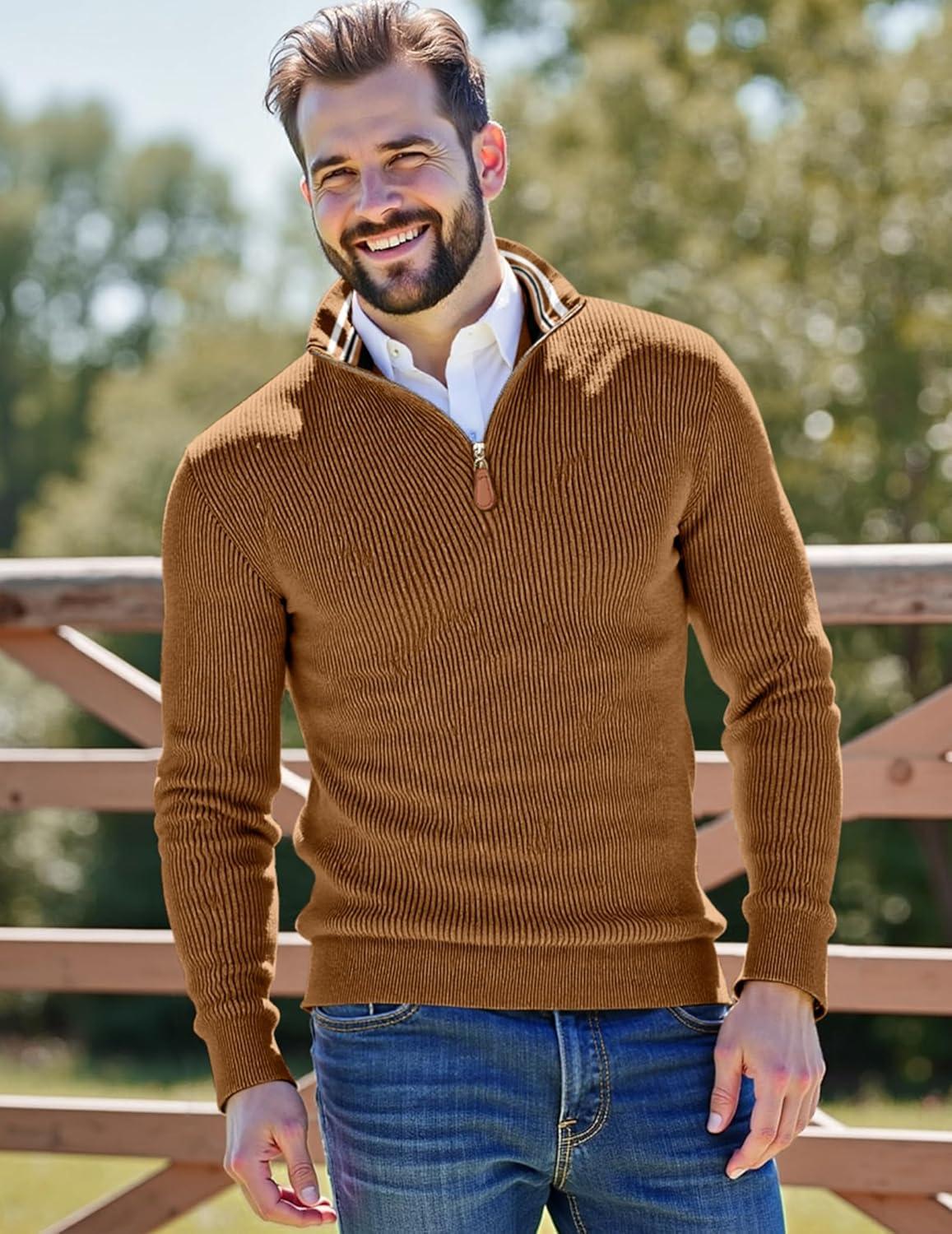imageJMIERR Mens Quarter Zip Pullover Sweaters Casual Long Sleeve Fall Knit Texture SweaterBrown