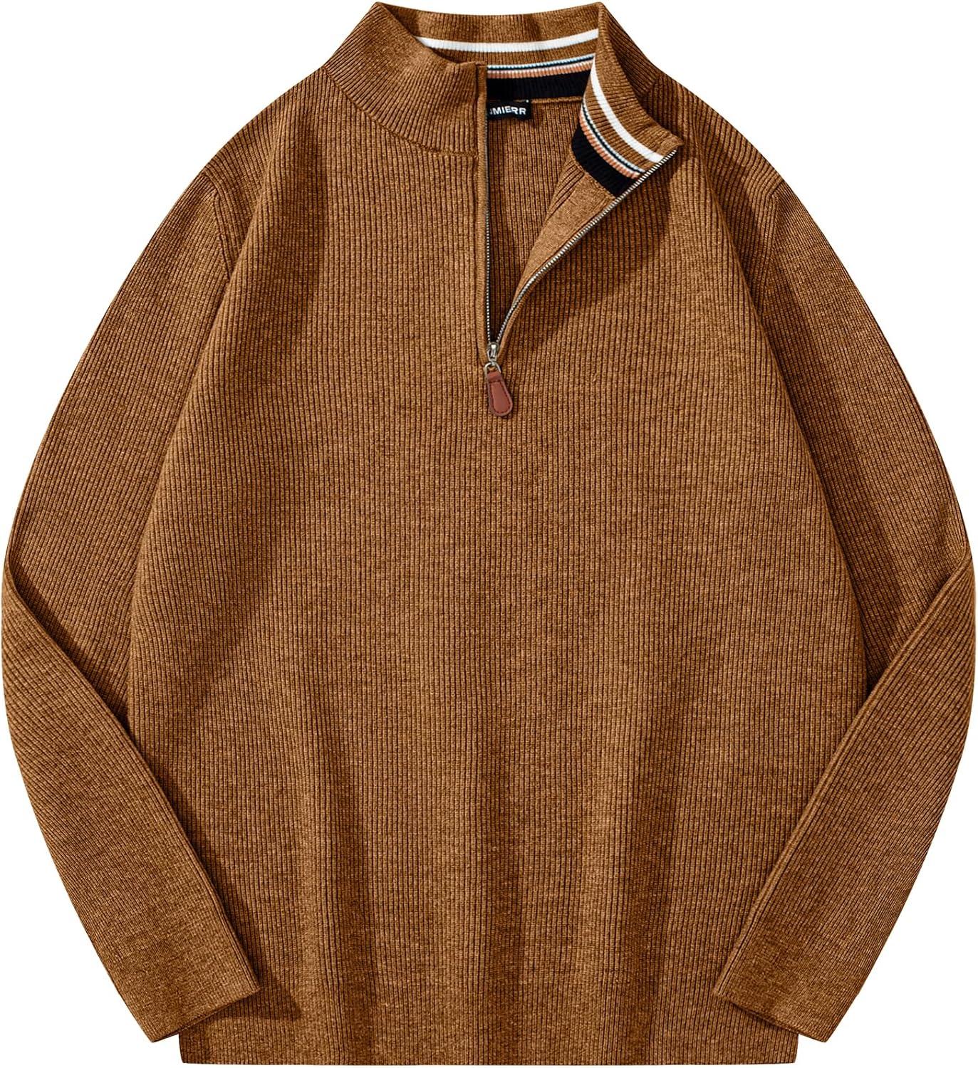 imageJMIERR Mens Quarter Zip Pullover Sweaters Casual Long Sleeve Fall Knit Texture SweaterBrown