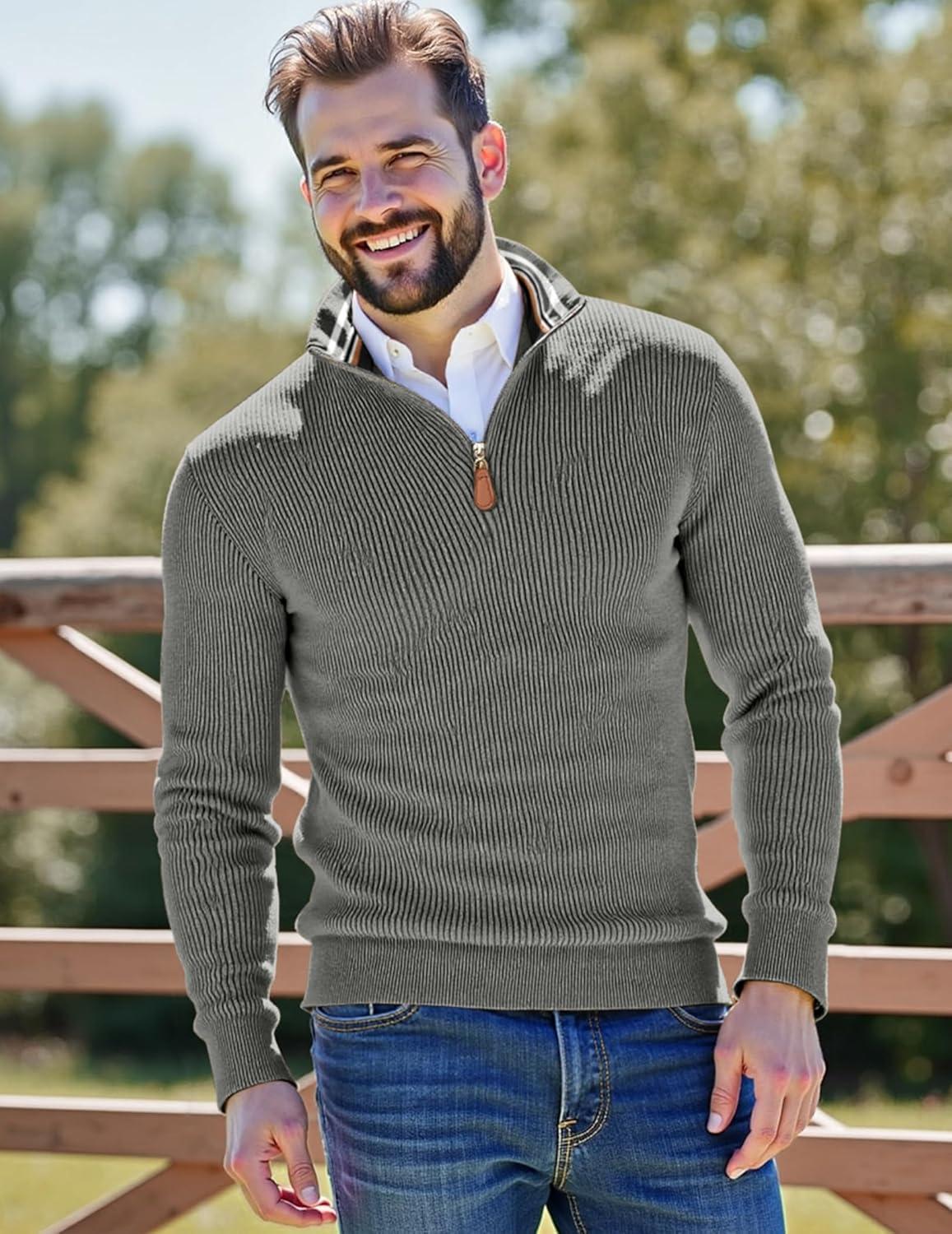 imageJMIERR Mens Quarter Zip Pullover Sweaters Casual Long Sleeve Fall Knit Texture SweaterGrey