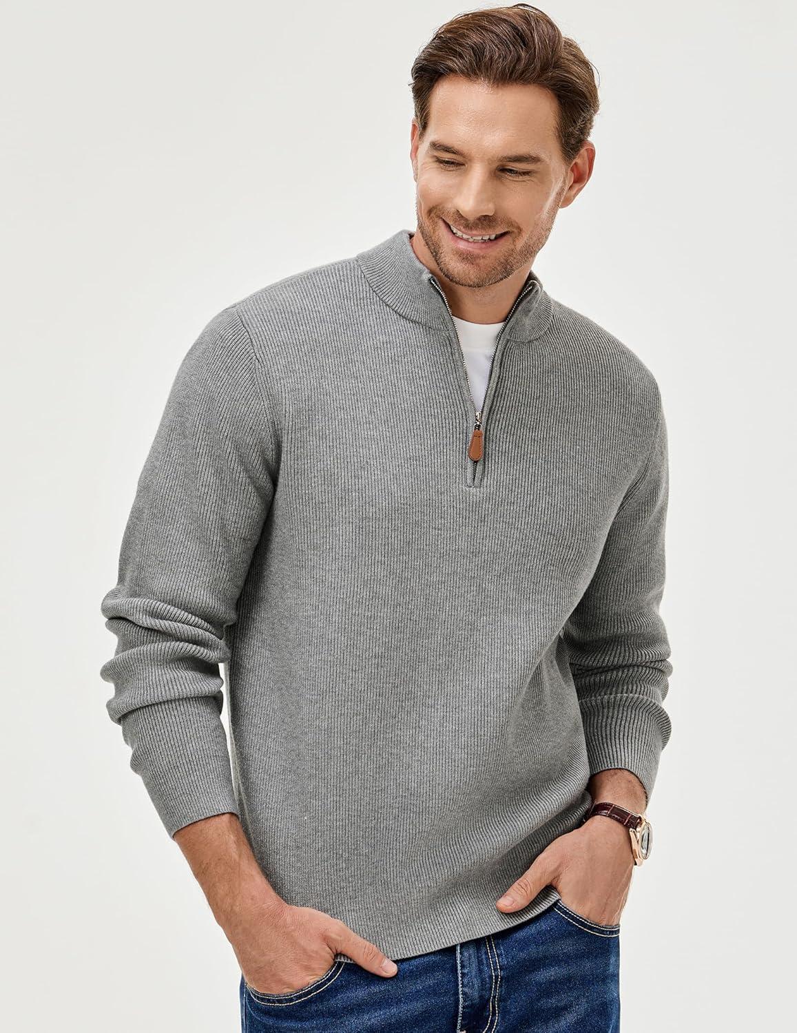 imageJMIERR Mens Quarter Zip Pullover Sweaters Casual Long Sleeve Fall Knit Texture SweaterGrey