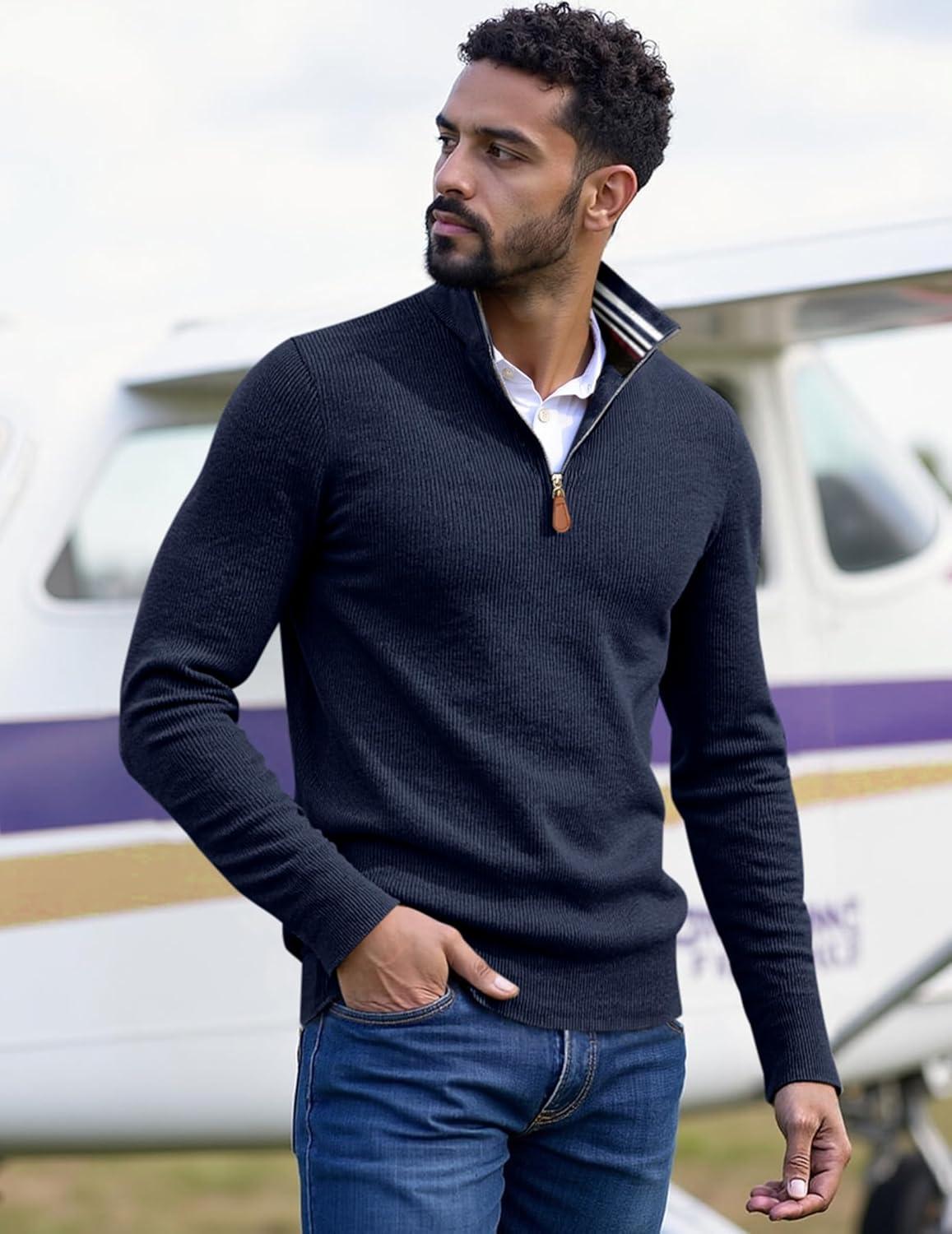 imageJMIERR Mens Quarter Zip Pullover Sweaters Casual Long Sleeve Fall Knit Texture SweaterNavy Blue