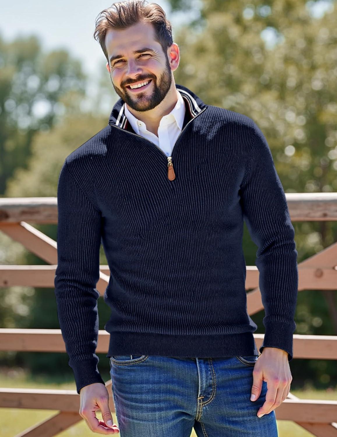 imageJMIERR Mens Quarter Zip Pullover Sweaters Casual Long Sleeve Fall Knit Texture SweaterNavy Blue