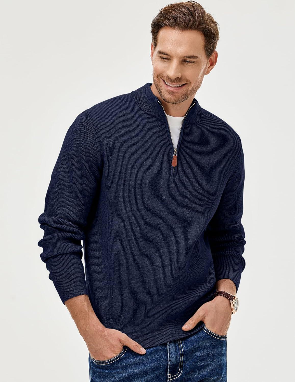 imageJMIERR Mens Quarter Zip Pullover Sweaters Casual Long Sleeve Fall Knit Texture SweaterNavy Blue