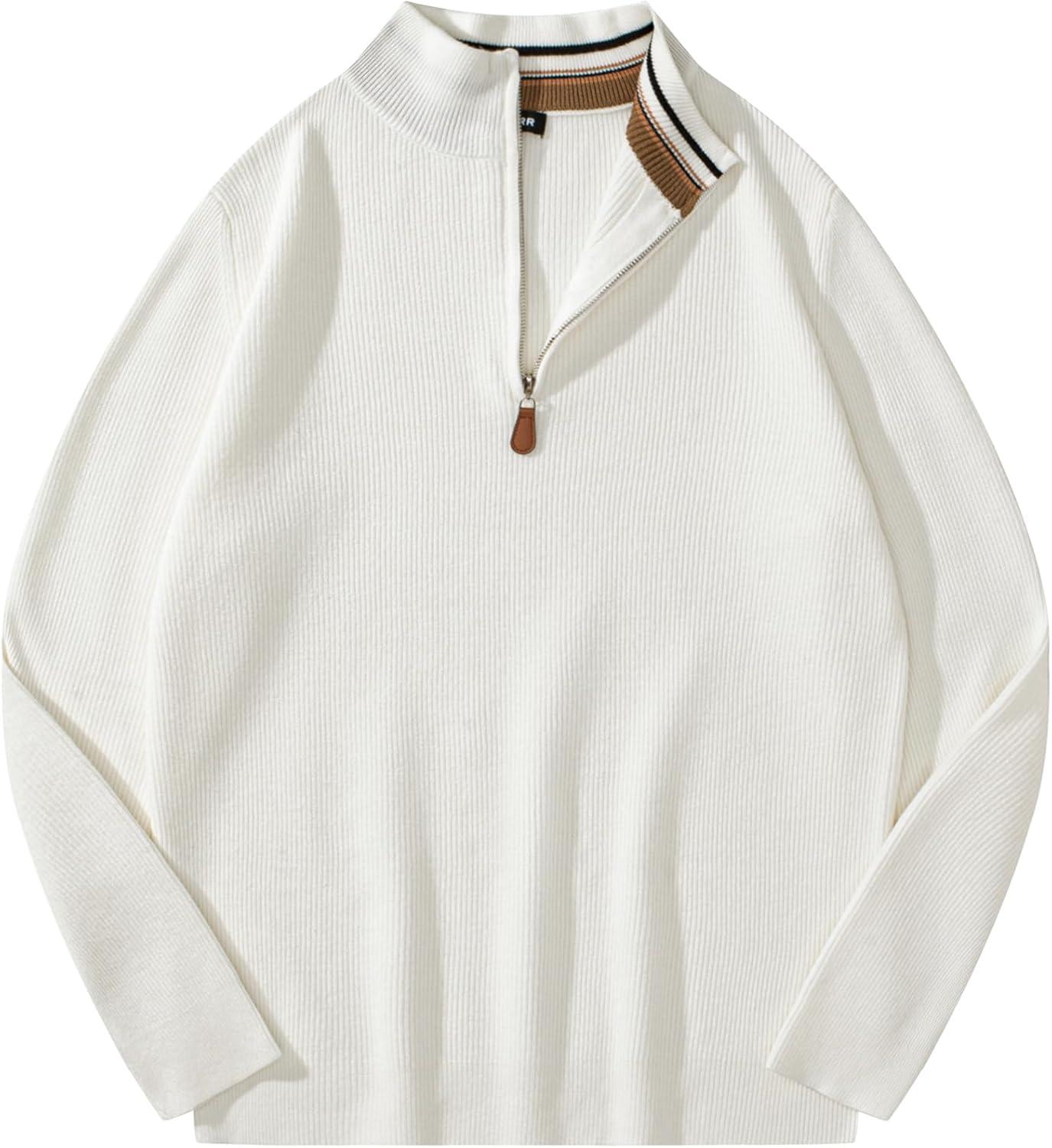 imageJMIERR Mens Quarter Zip Pullover Sweaters Casual Long Sleeve Fall Knit Texture SweaterWhite