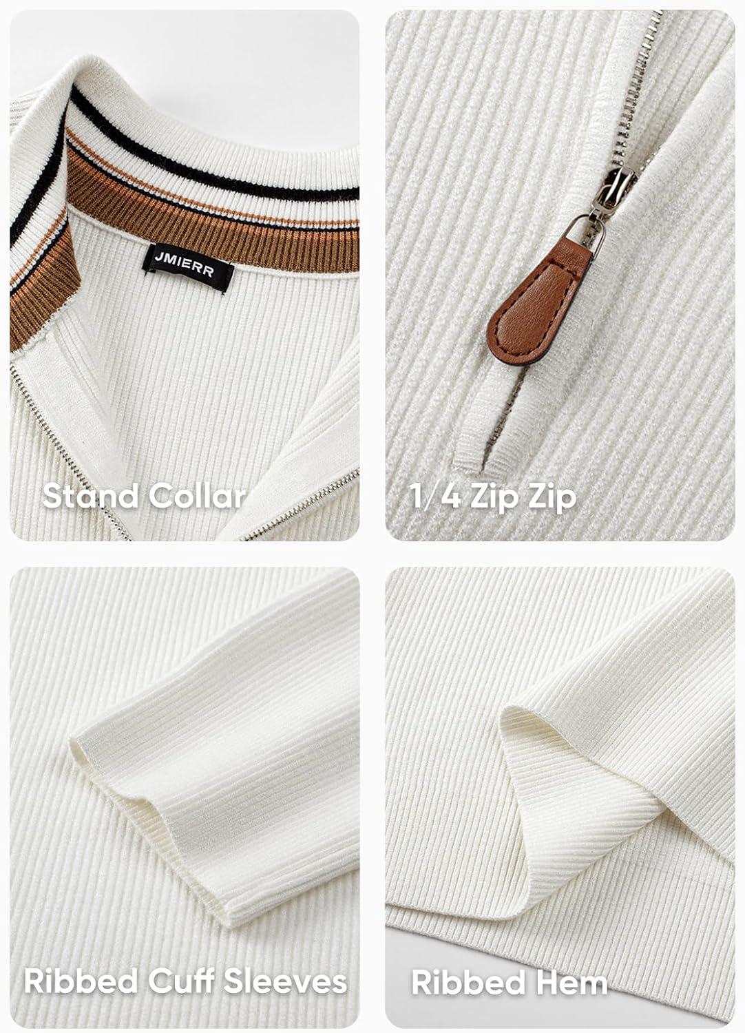 imageJMIERR Mens Quarter Zip Pullover Sweaters Casual Long Sleeve Fall Knit Texture SweaterWhite
