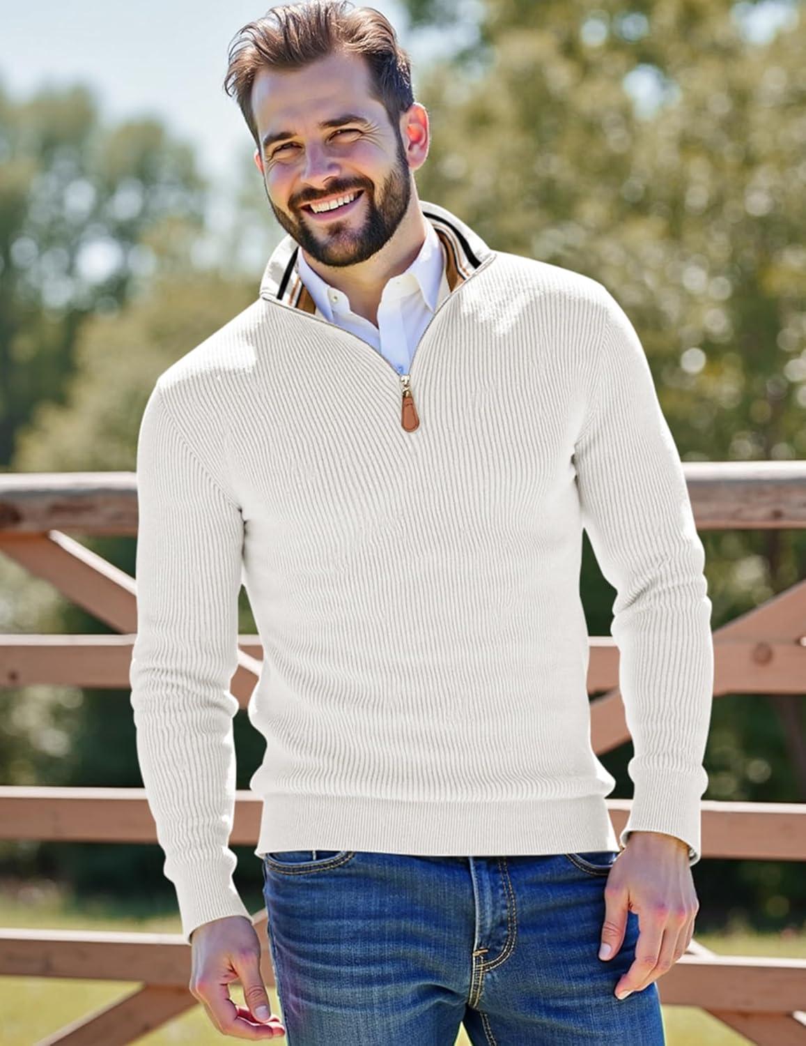 imageJMIERR Mens Quarter Zip Pullover Sweaters Casual Long Sleeve Fall Knit Texture SweaterWhite