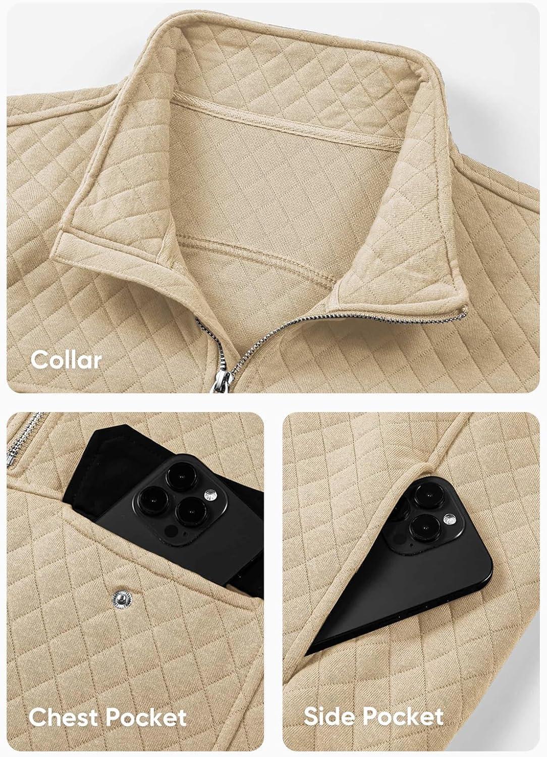 imageJMIERR Mens Quilted Sweatshirt Casual Long Sleeve Outdoor Stand Collar QuarterZip Pullover SweatshirtsApricot