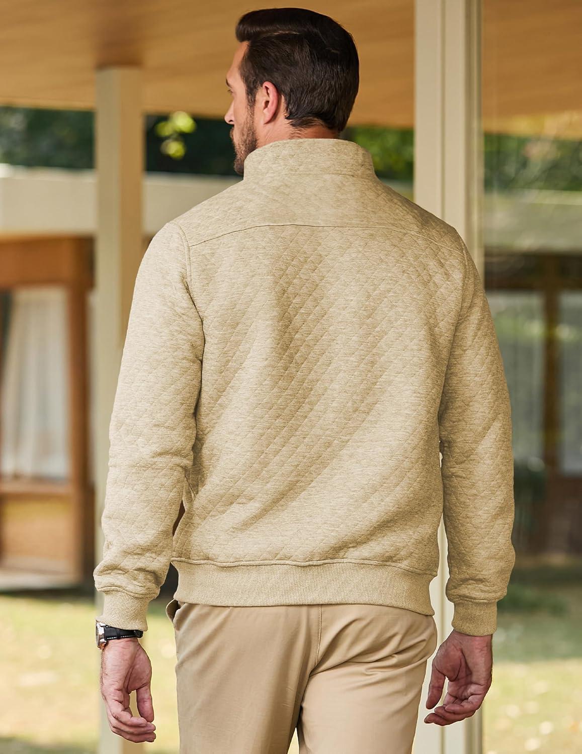 imageJMIERR Mens Quilted Sweatshirt Casual Long Sleeve Outdoor Stand Collar QuarterZip Pullover SweatshirtsApricot