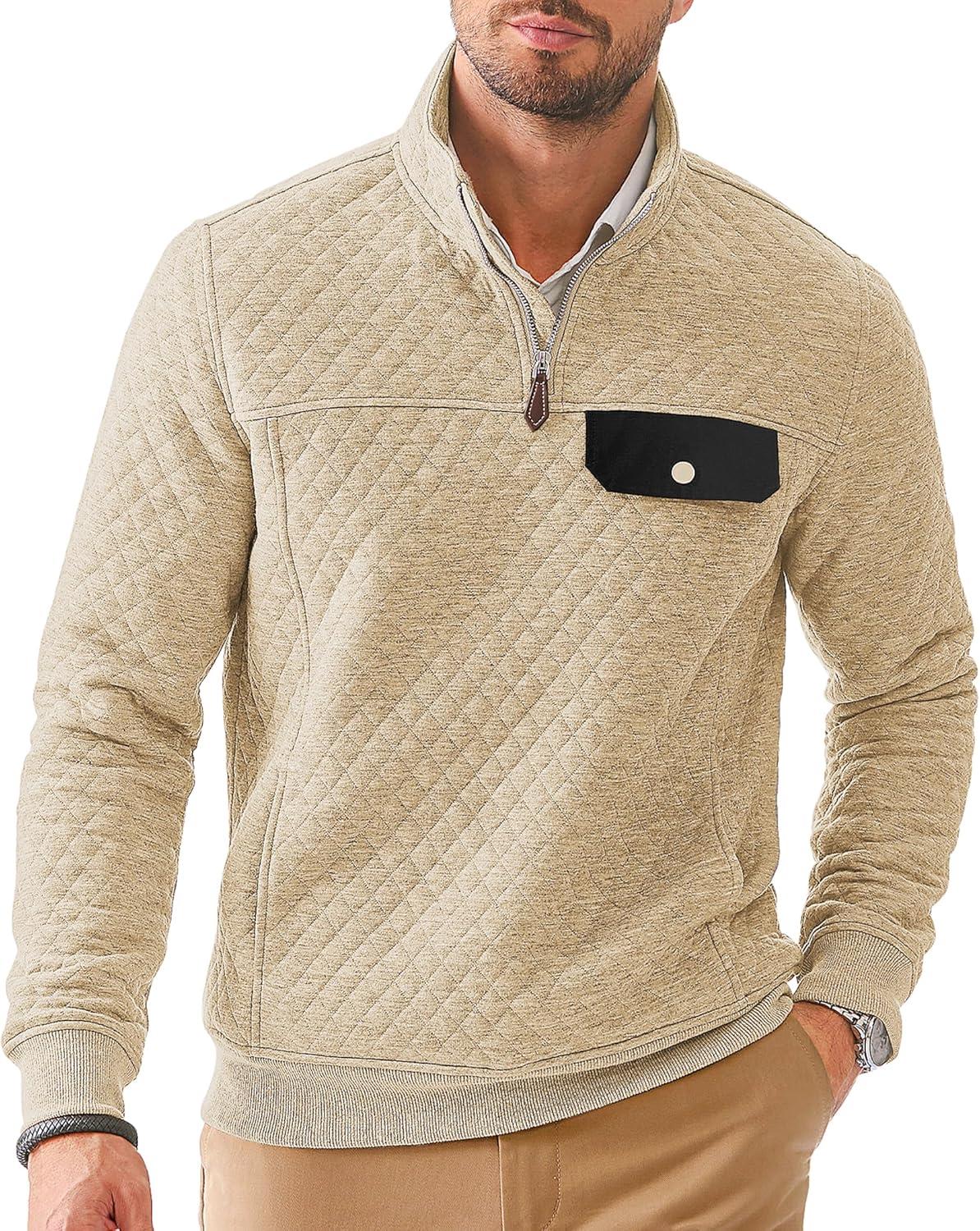 imageJMIERR Mens Quilted Sweatshirt Casual Long Sleeve Outdoor Stand Collar QuarterZip Pullover SweatshirtsApricot