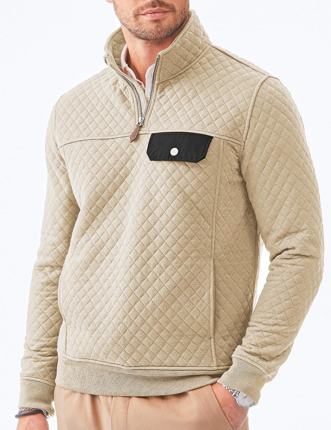 imageJMIERR Mens Quilted Sweatshirt Casual Long Sleeve Outdoor Stand Collar QuarterZip Pullover SweatshirtsApricot