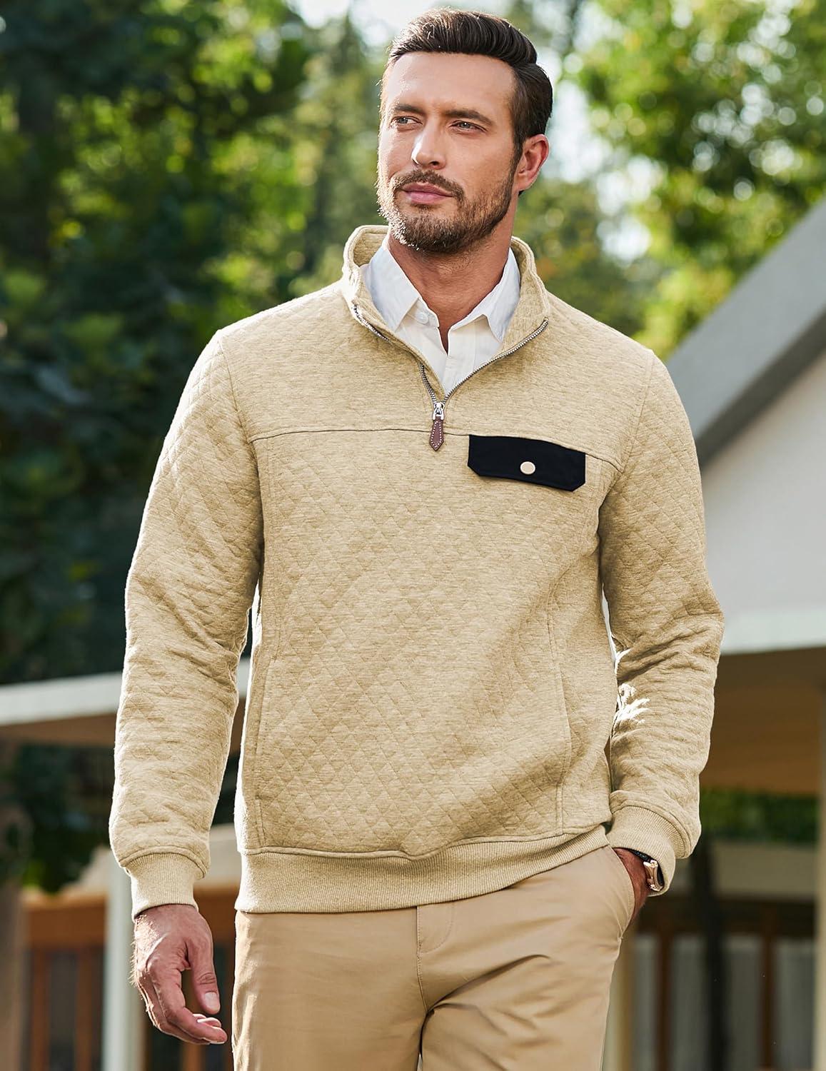 imageJMIERR Mens Quilted Sweatshirt Casual Long Sleeve Outdoor Stand Collar QuarterZip Pullover SweatshirtsApricot