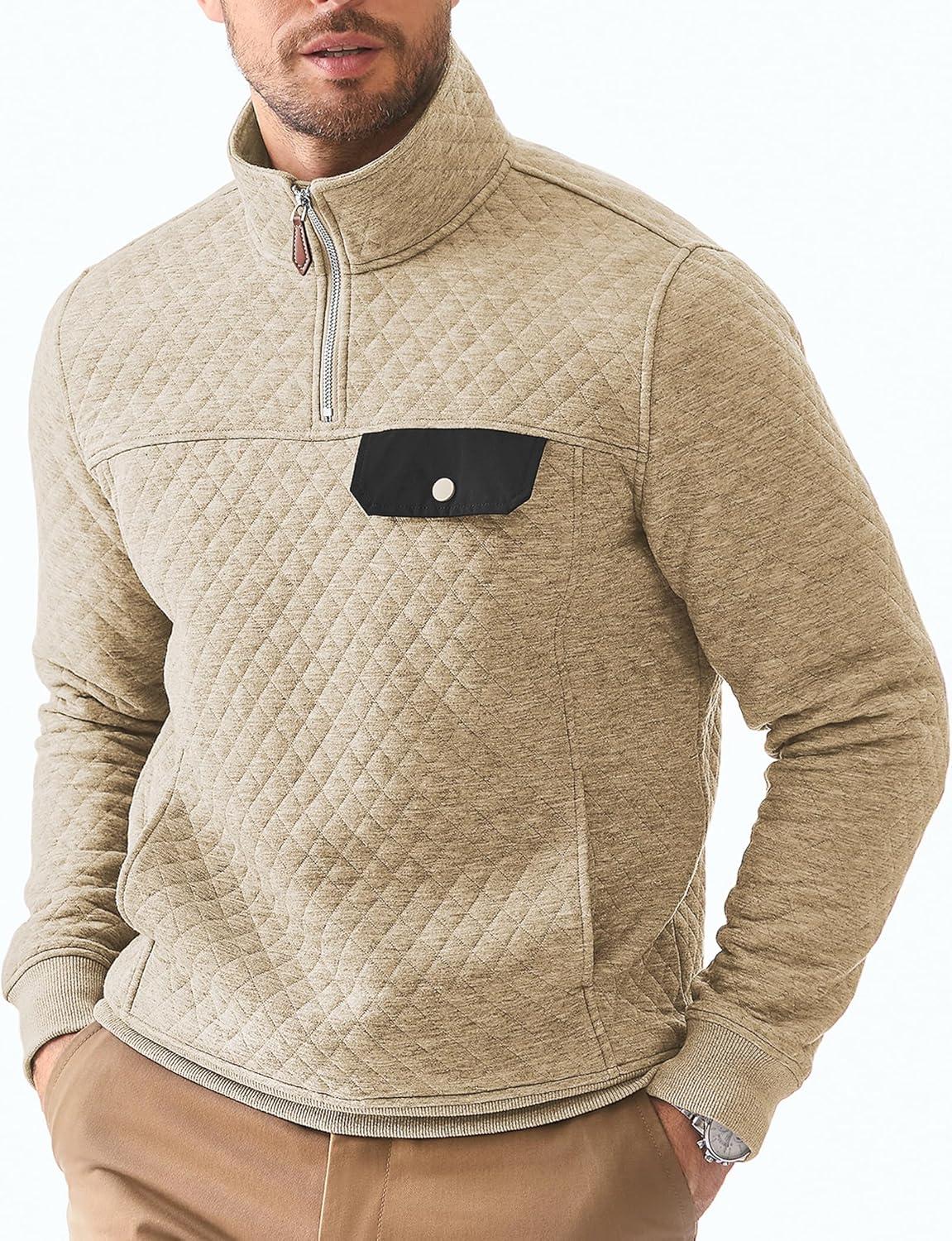 imageJMIERR Mens Quilted Sweatshirt Casual Long Sleeve Outdoor Stand Collar QuarterZip Pullover SweatshirtsApricot