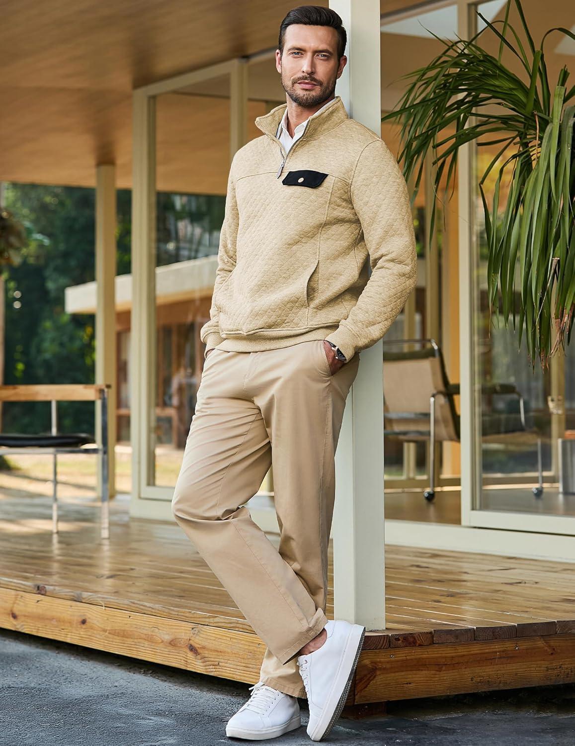 imageJMIERR Mens Quilted Sweatshirt Casual Long Sleeve Outdoor Stand Collar QuarterZip Pullover SweatshirtsApricot