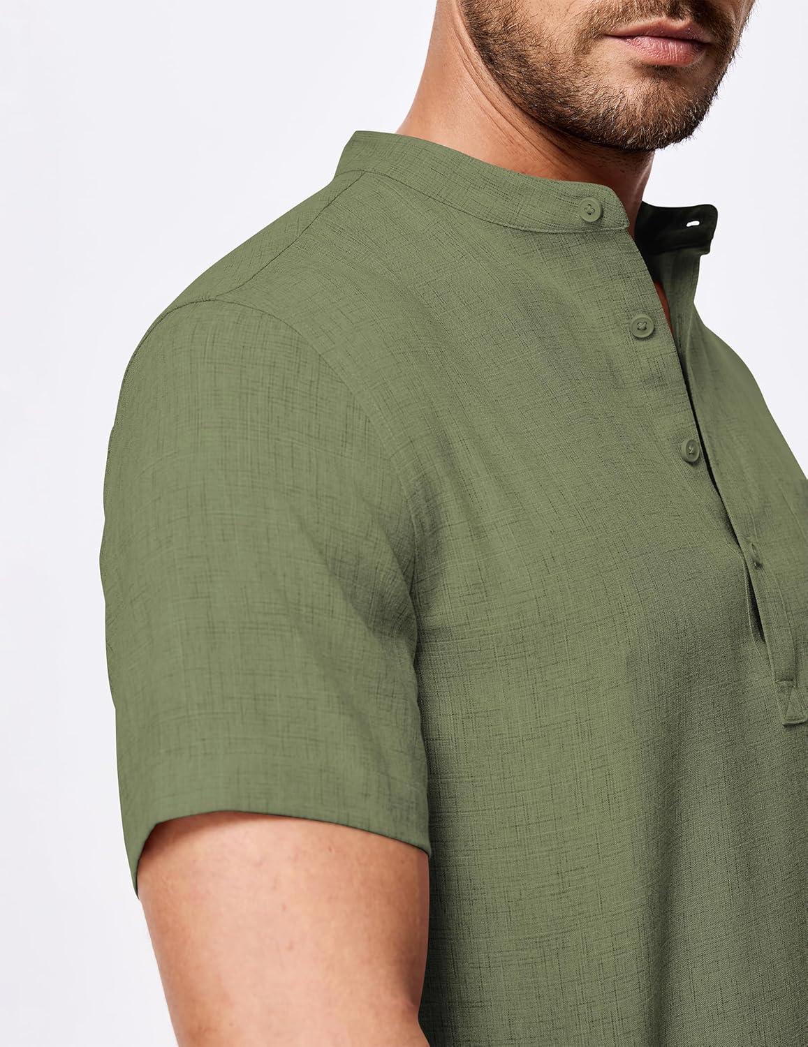 imageJMIERR Mens Short Sleeve Linen Henley Shirts Casual Button Down Shirt Summer Beach Wear with PocketFour Leaf Clover