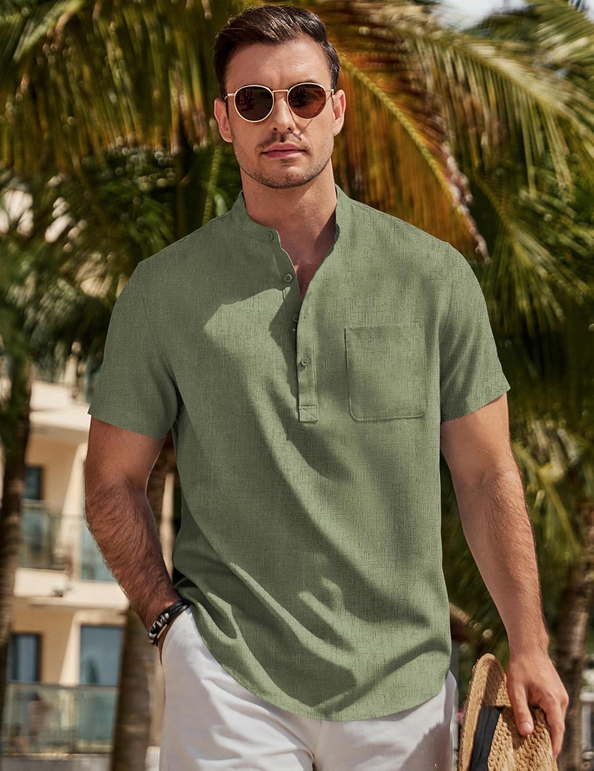imageJMIERR Mens Short Sleeve Linen Henley Shirts Casual Button Down Shirt Summer Beach Wear with PocketFour Leaf Clover