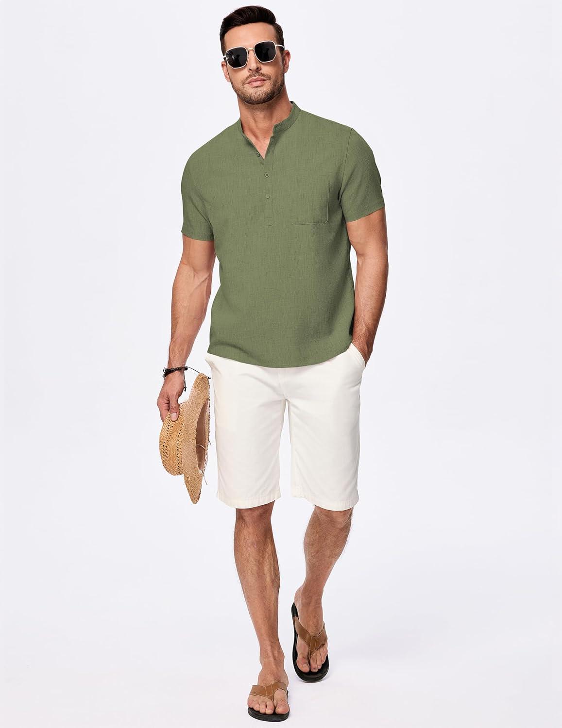 imageJMIERR Mens Short Sleeve Linen Henley Shirts Casual Button Down Shirt Summer Beach Wear with PocketFour Leaf Clover