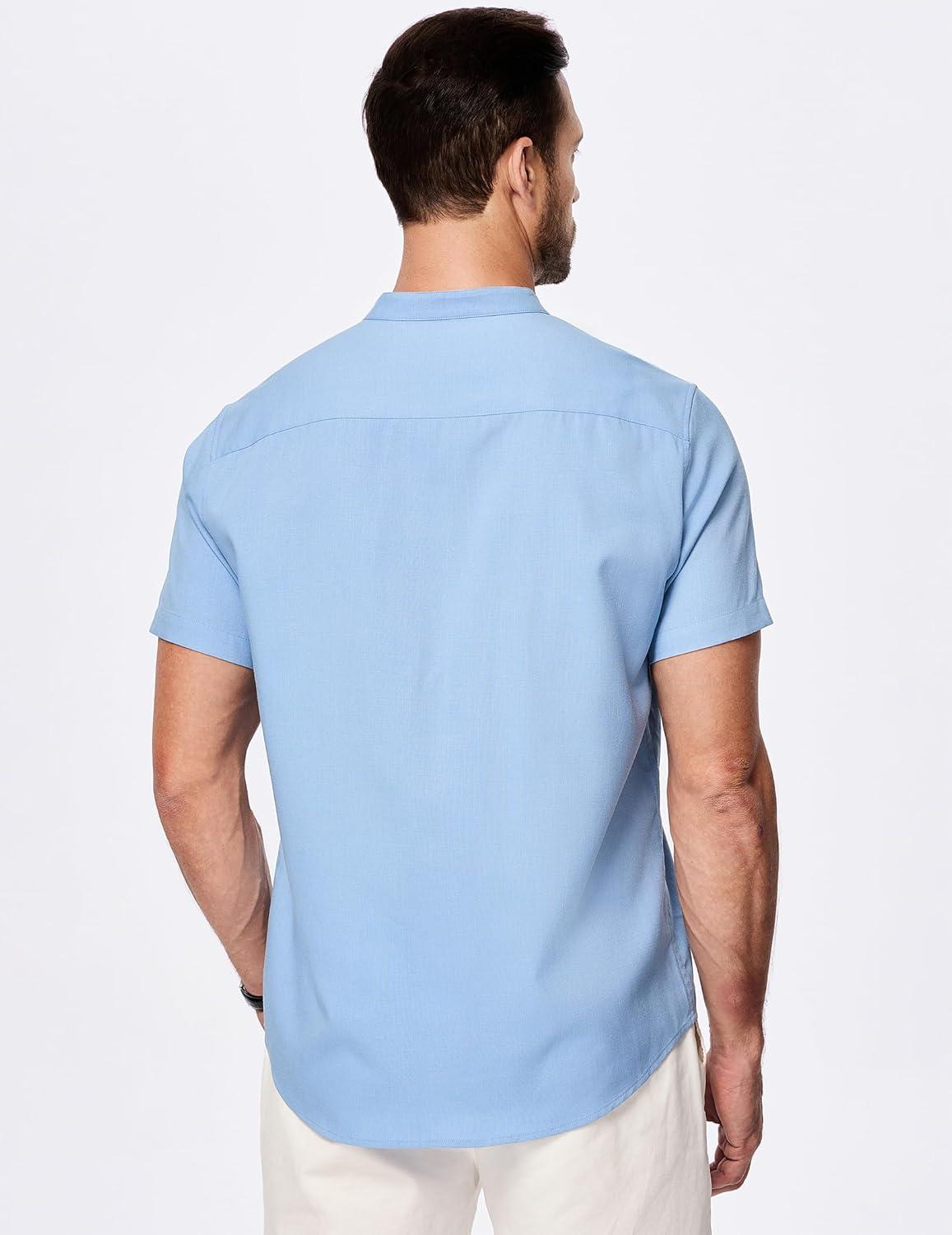 imageJMIERR Mens Short Sleeve Linen Henley Shirts Casual Button Down Shirt Summer Beach Wear with PocketSky Blue