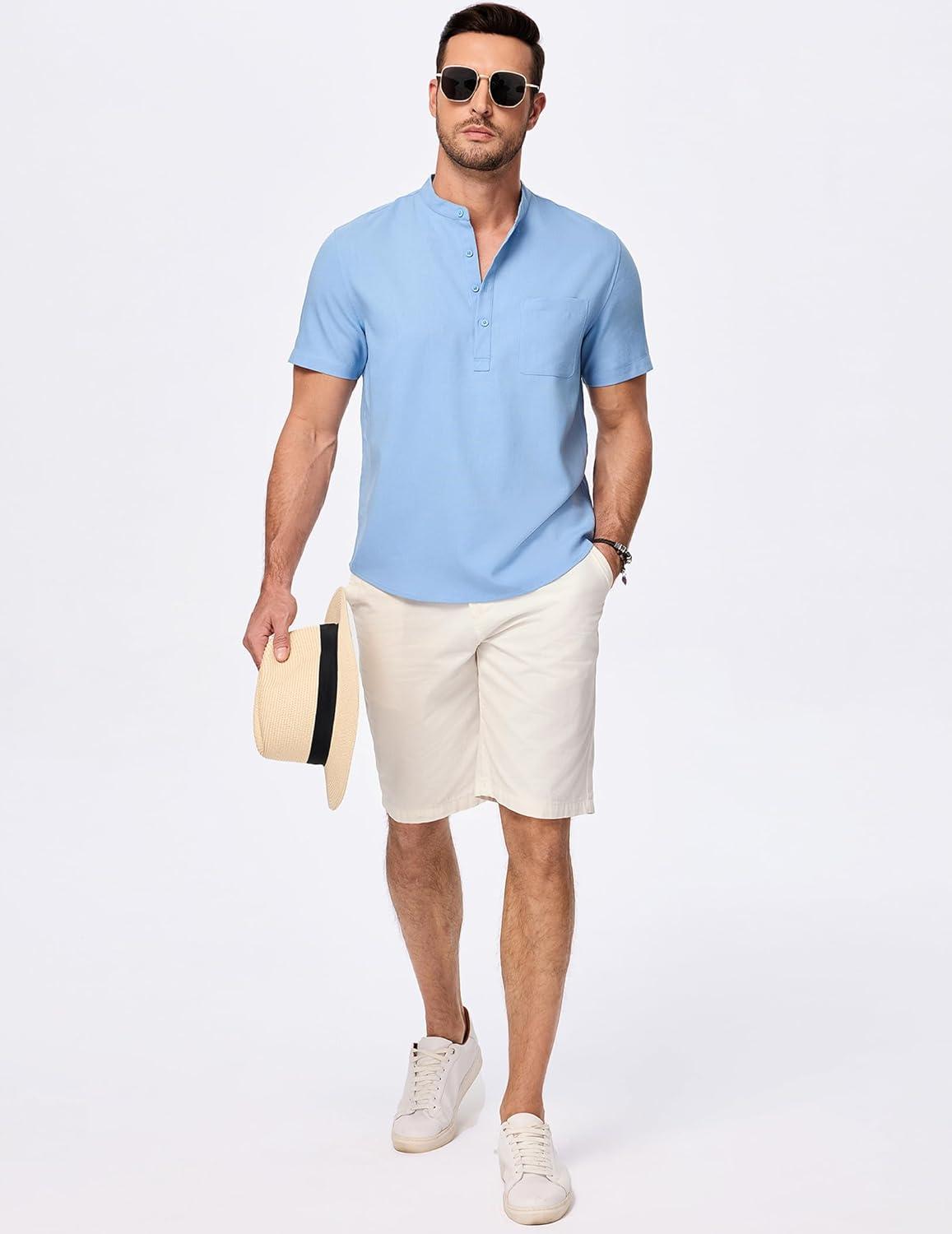 imageJMIERR Mens Short Sleeve Linen Henley Shirts Casual Button Down Shirt Summer Beach Wear with PocketSky Blue
