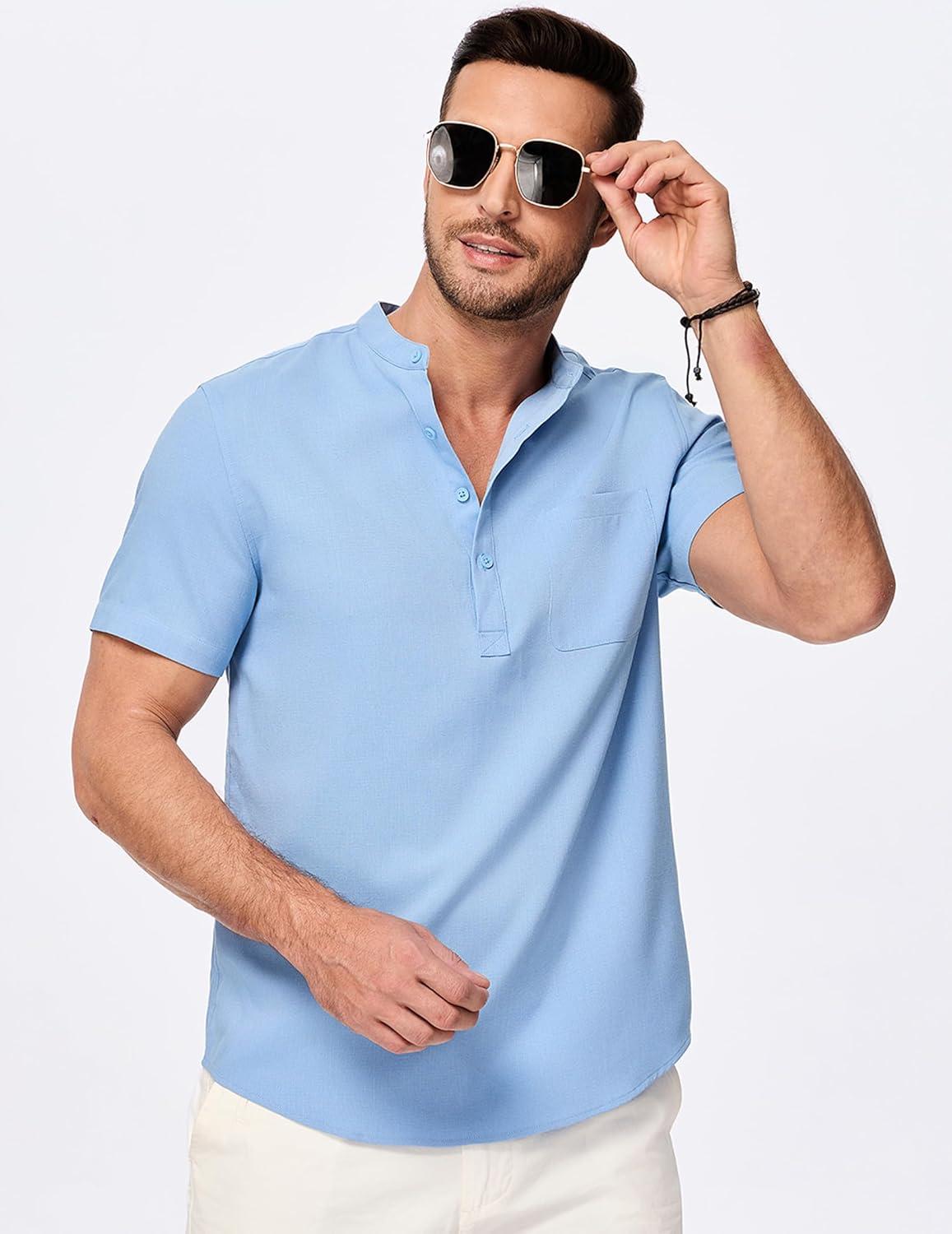imageJMIERR Mens Short Sleeve Linen Henley Shirts Casual Button Down Shirt Summer Beach Wear with PocketSky Blue