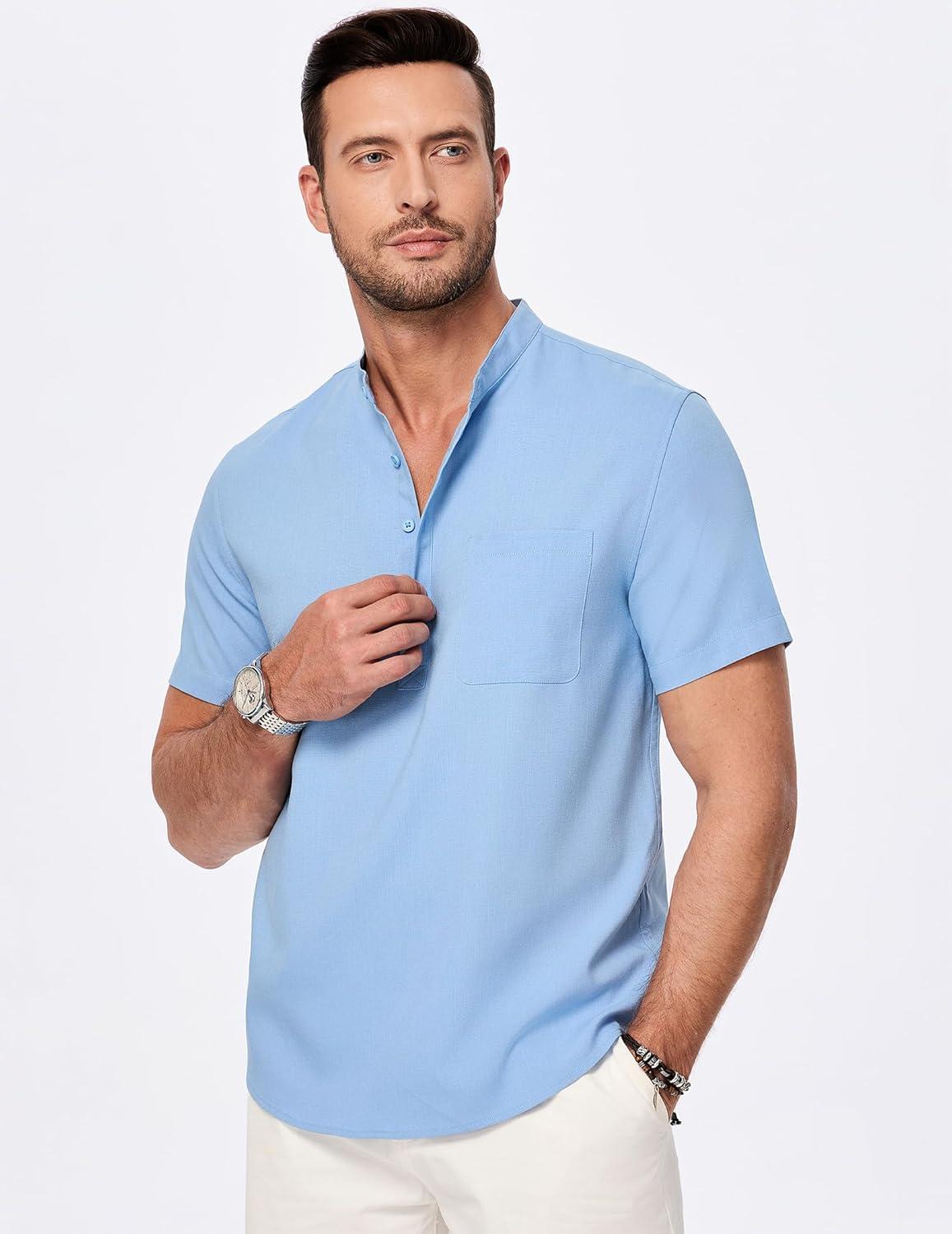imageJMIERR Mens Short Sleeve Linen Henley Shirts Casual Button Down Shirt Summer Beach Wear with PocketSky Blue