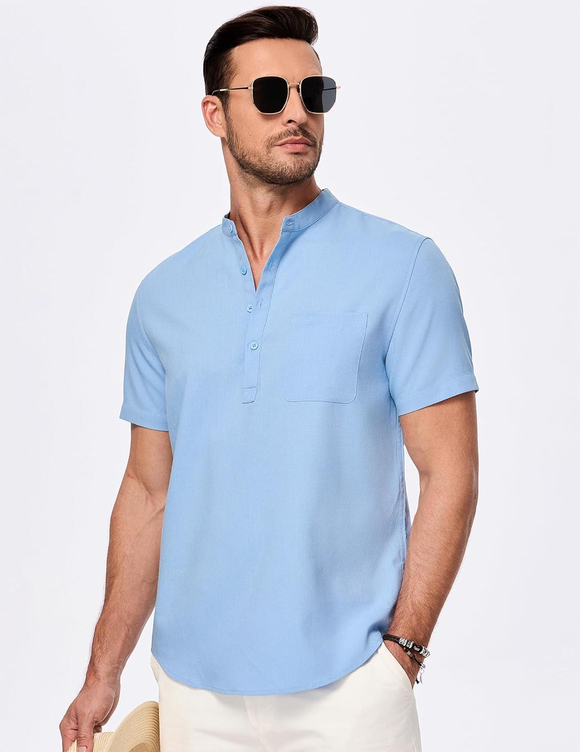 imageJMIERR Mens Short Sleeve Linen Henley Shirts Casual Button Down Shirt Summer Beach Wear with PocketSky Blue