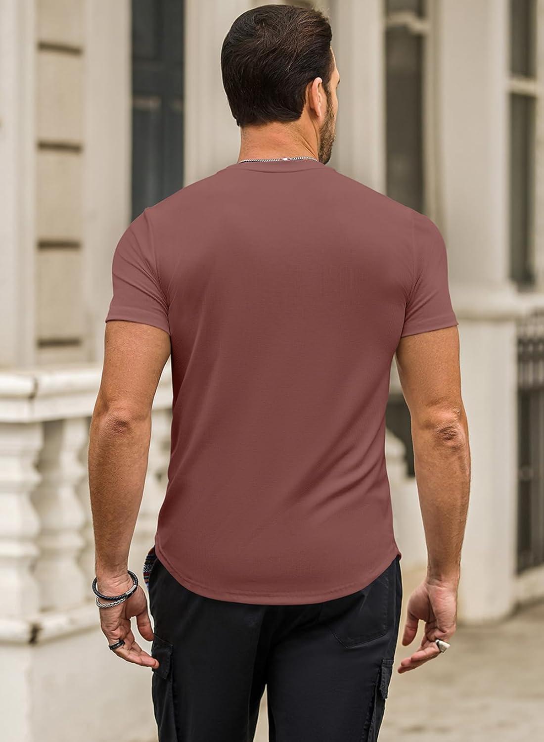 imageJMIERR Mens Short Sleeve T Shirt Summer Muscle Slim Fitted Crewneck Longline Tees Shirts for Gym WorkoutD Light Red