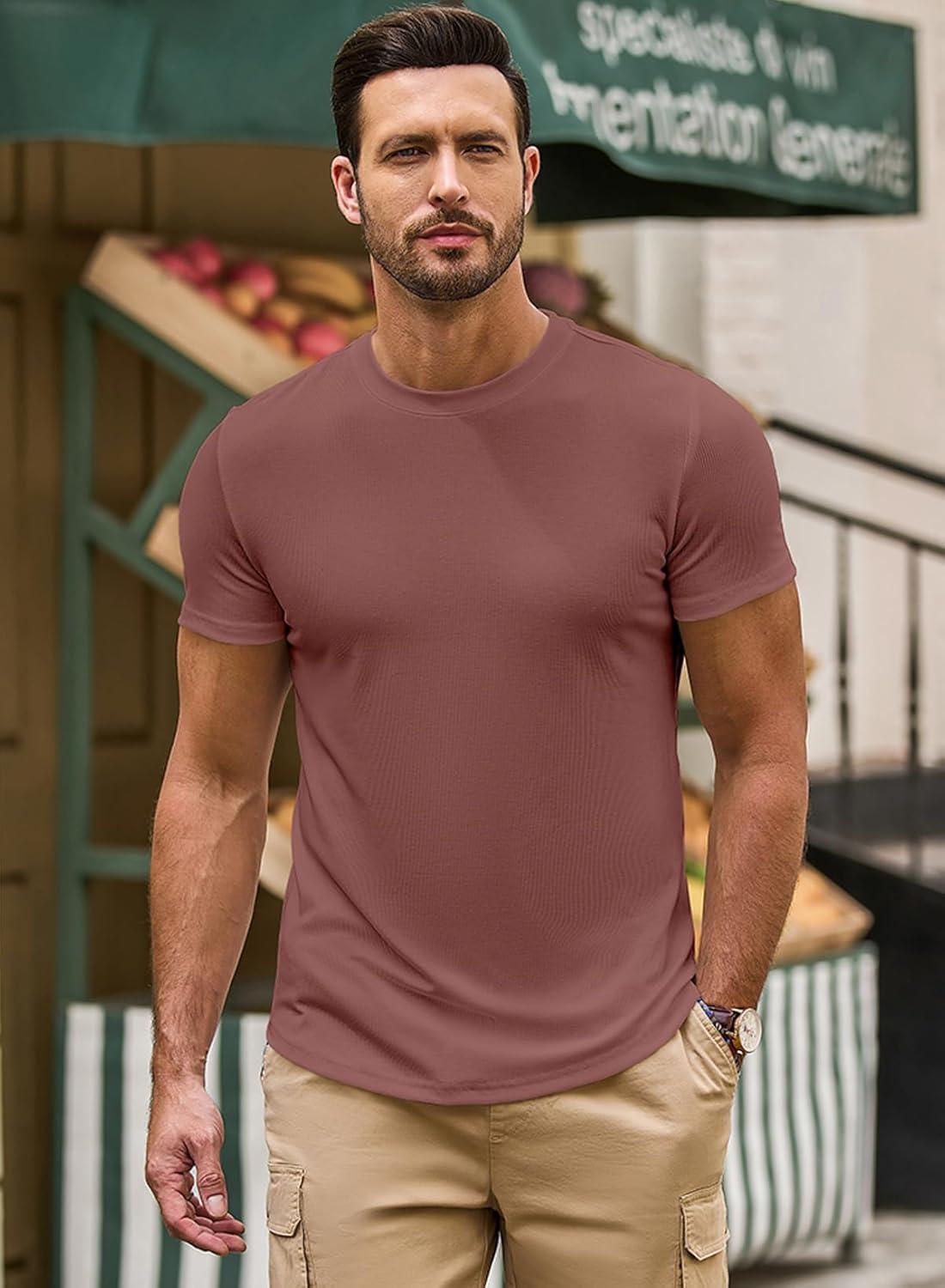 imageJMIERR Mens Short Sleeve T Shirt Summer Muscle Slim Fitted Crewneck Longline Tees Shirts for Gym WorkoutD Light Red