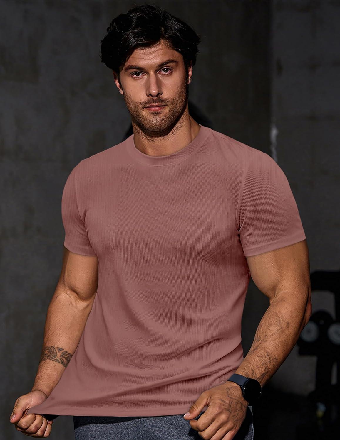 imageJMIERR Mens Short Sleeve T Shirt Summer Muscle Slim Fitted Crewneck Longline Tees Shirts for Gym WorkoutD Light Red