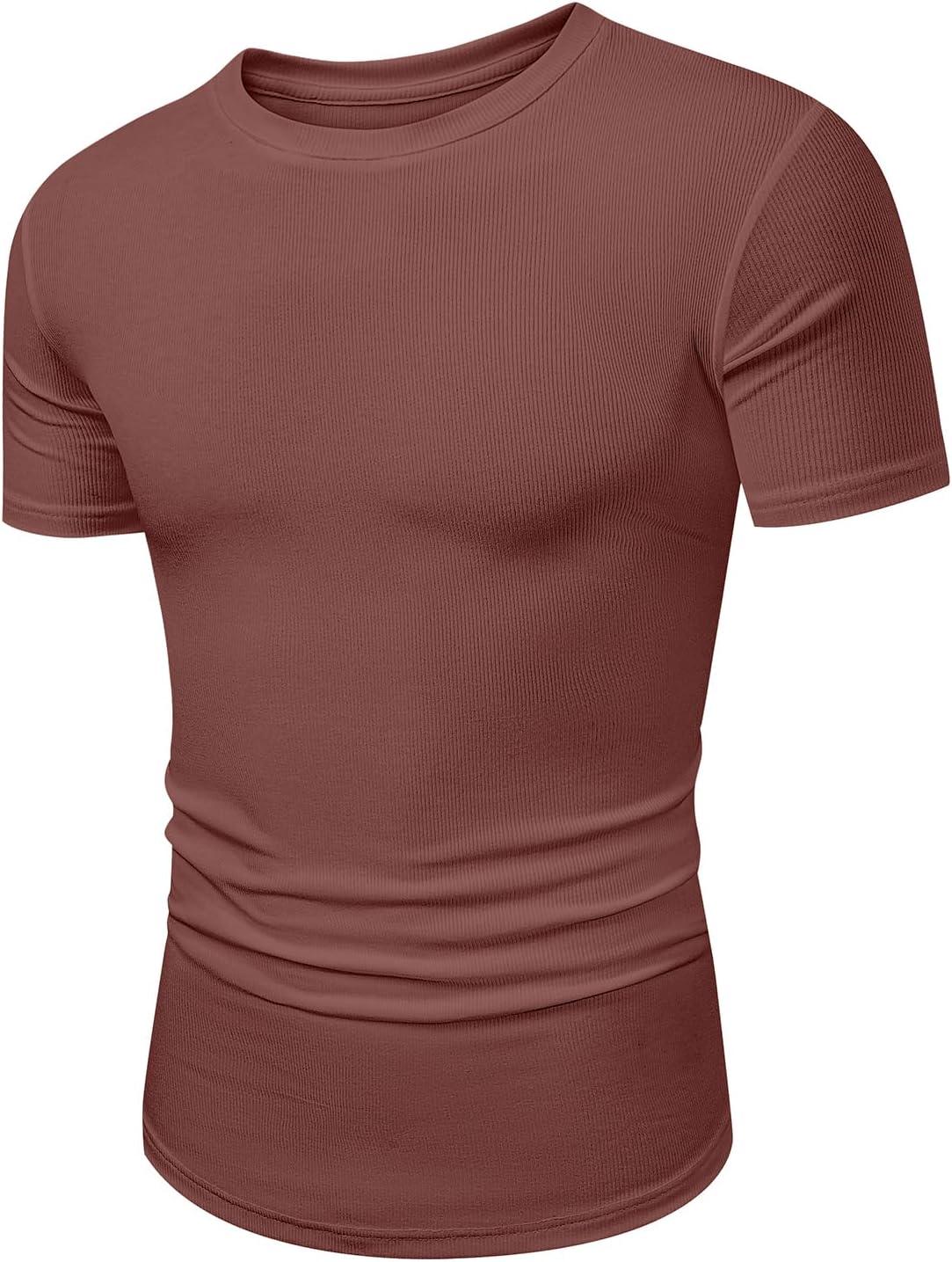 imageJMIERR Mens Short Sleeve T Shirt Summer Muscle Slim Fitted Crewneck Longline Tees Shirts for Gym WorkoutD Light Red