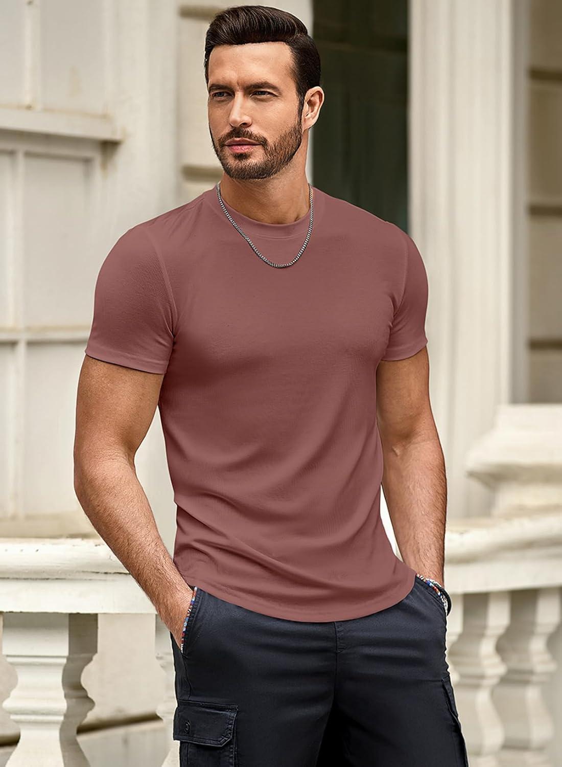 imageJMIERR Mens Short Sleeve T Shirt Summer Muscle Slim Fitted Crewneck Longline Tees Shirts for Gym WorkoutD Light Red