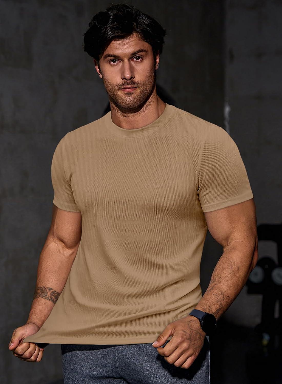 imageJMIERR Mens Short Sleeve T Shirt Summer Muscle Slim Fitted Crewneck Longline Tees Shirts for Gym WorkoutE Brown