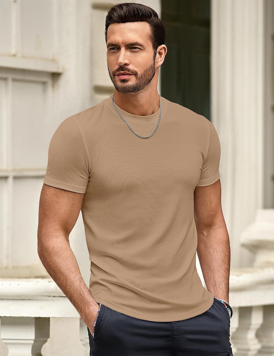 imageJMIERR Mens Short Sleeve T Shirt Summer Muscle Slim Fitted Crewneck Longline Tees Shirts for Gym WorkoutE Brown