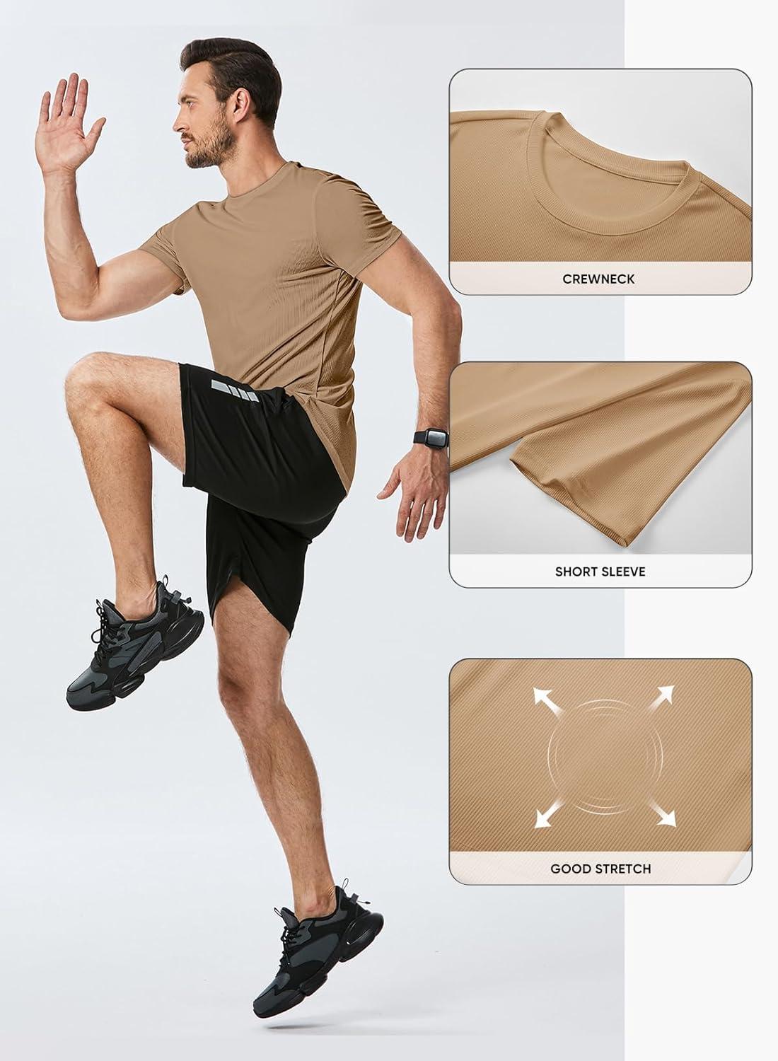 imageJMIERR Mens Short Sleeve T Shirt Summer Muscle Slim Fitted Crewneck Longline Tees Shirts for Gym WorkoutE Brown