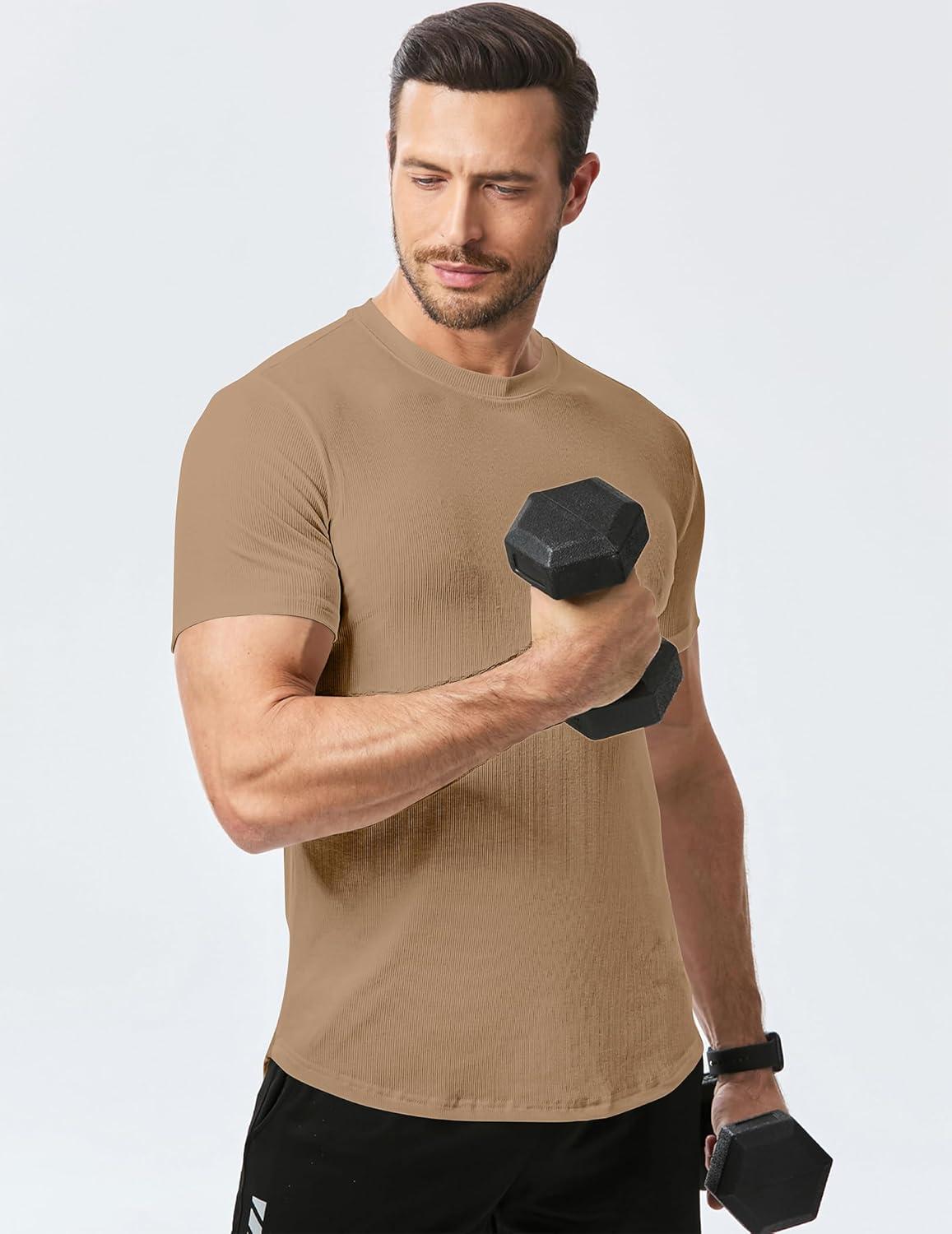 imageJMIERR Mens Short Sleeve T Shirt Summer Muscle Slim Fitted Crewneck Longline Tees Shirts for Gym WorkoutE Brown