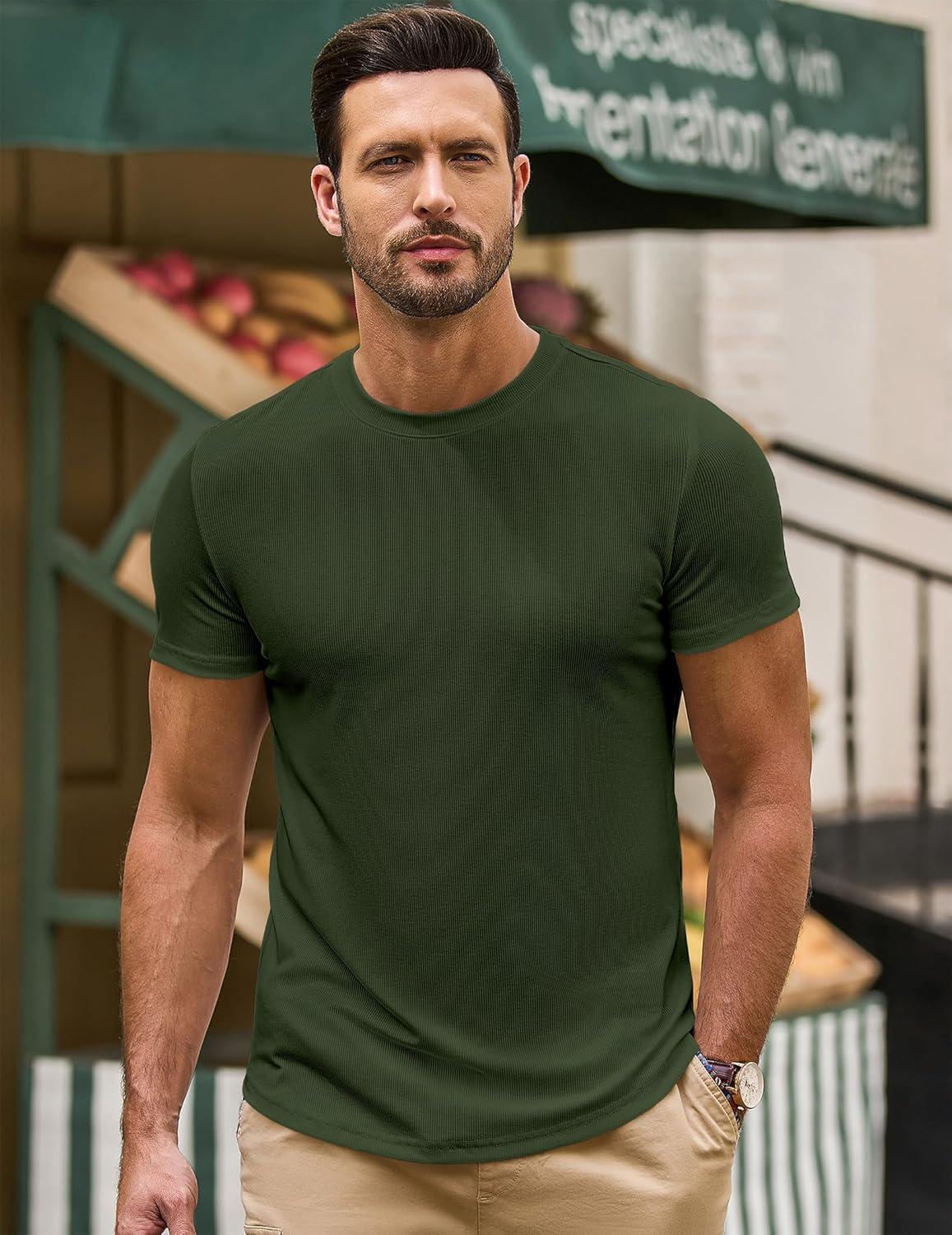 imageJMIERR Mens Short Sleeve T Shirt Summer Muscle Slim Fitted Crewneck Longline Tees Shirts for Gym WorkoutE Green