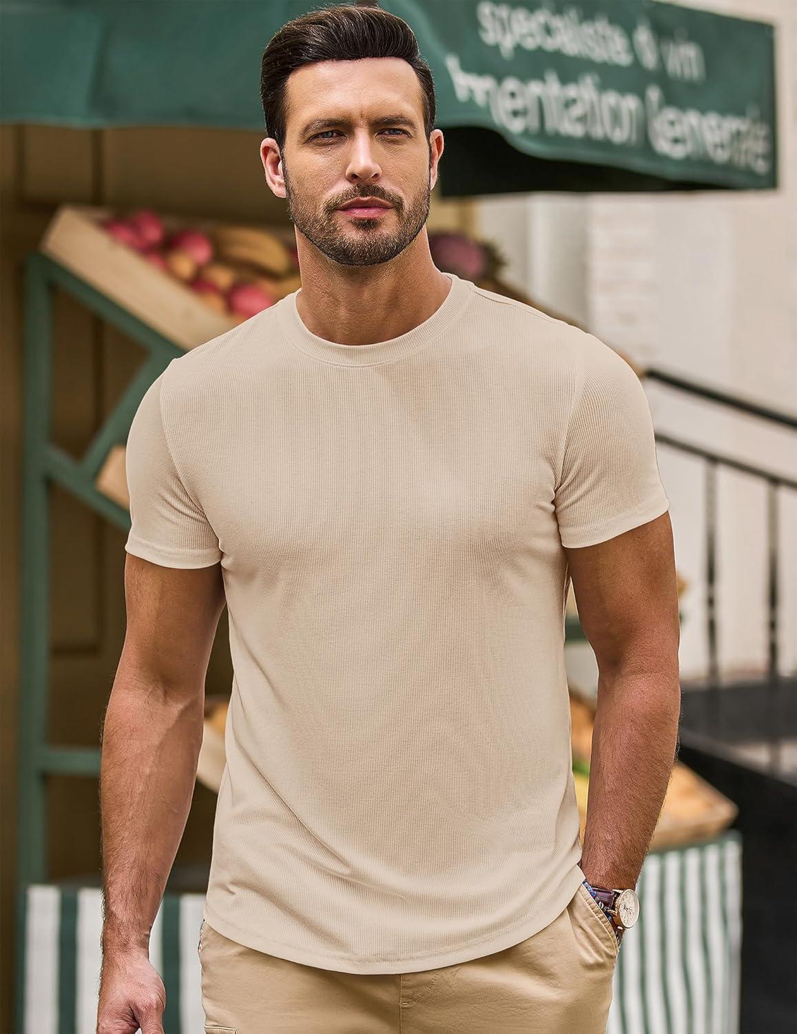 imageJMIERR Mens Short Sleeve T Shirt Summer Muscle Slim Fitted Crewneck Longline Tees Shirts for Gym WorkoutF Beige