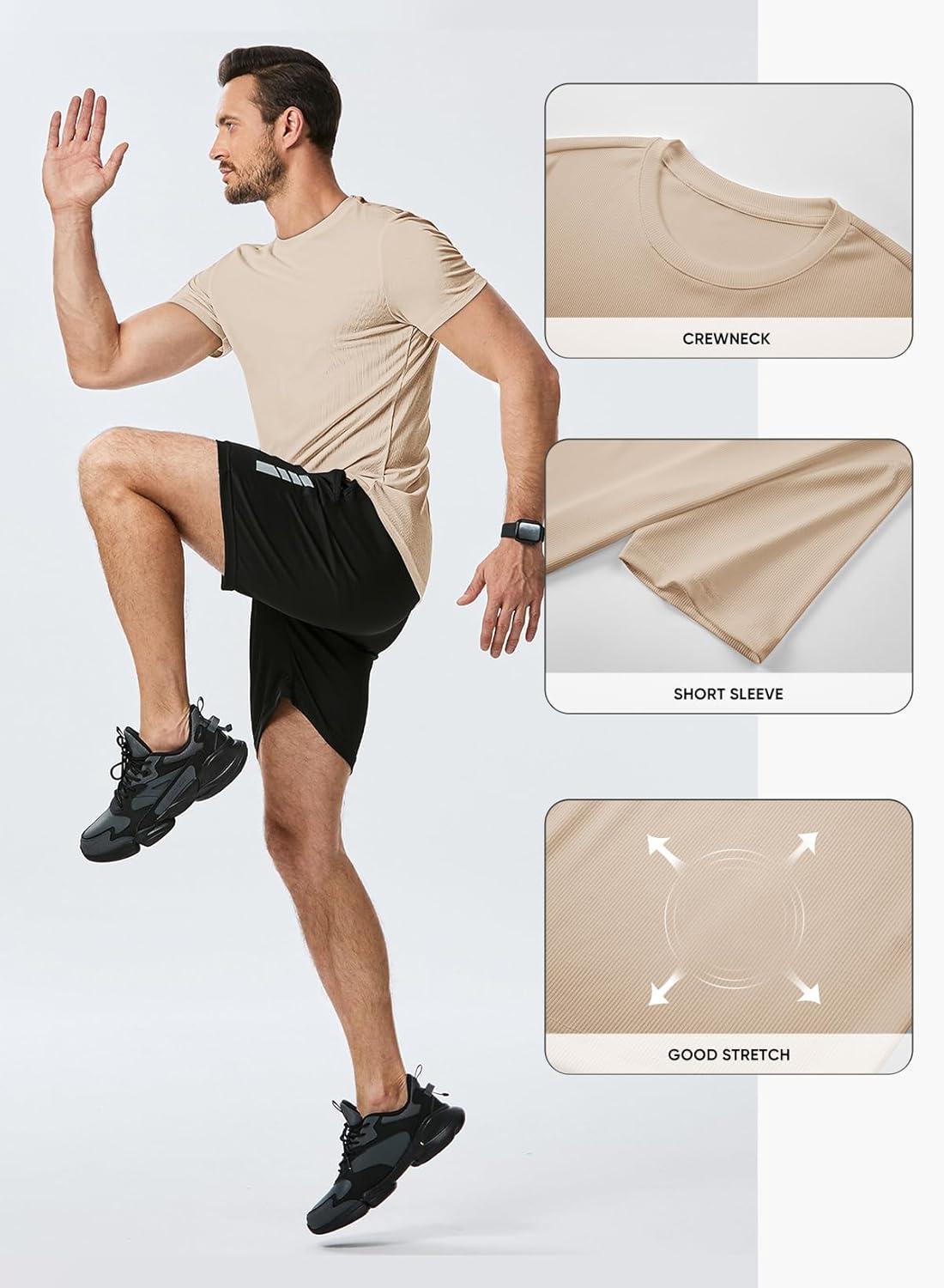 imageJMIERR Mens Short Sleeve T Shirt Summer Muscle Slim Fitted Crewneck Longline Tees Shirts for Gym WorkoutF Beige