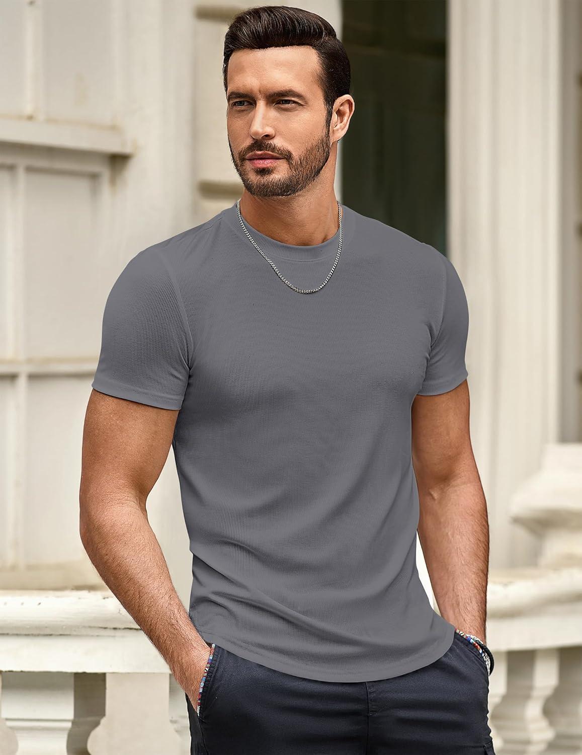 imageJMIERR Mens Short Sleeve T Shirt Summer Muscle Slim Fitted Crewneck Longline Tees Shirts for Gym WorkoutF Grey