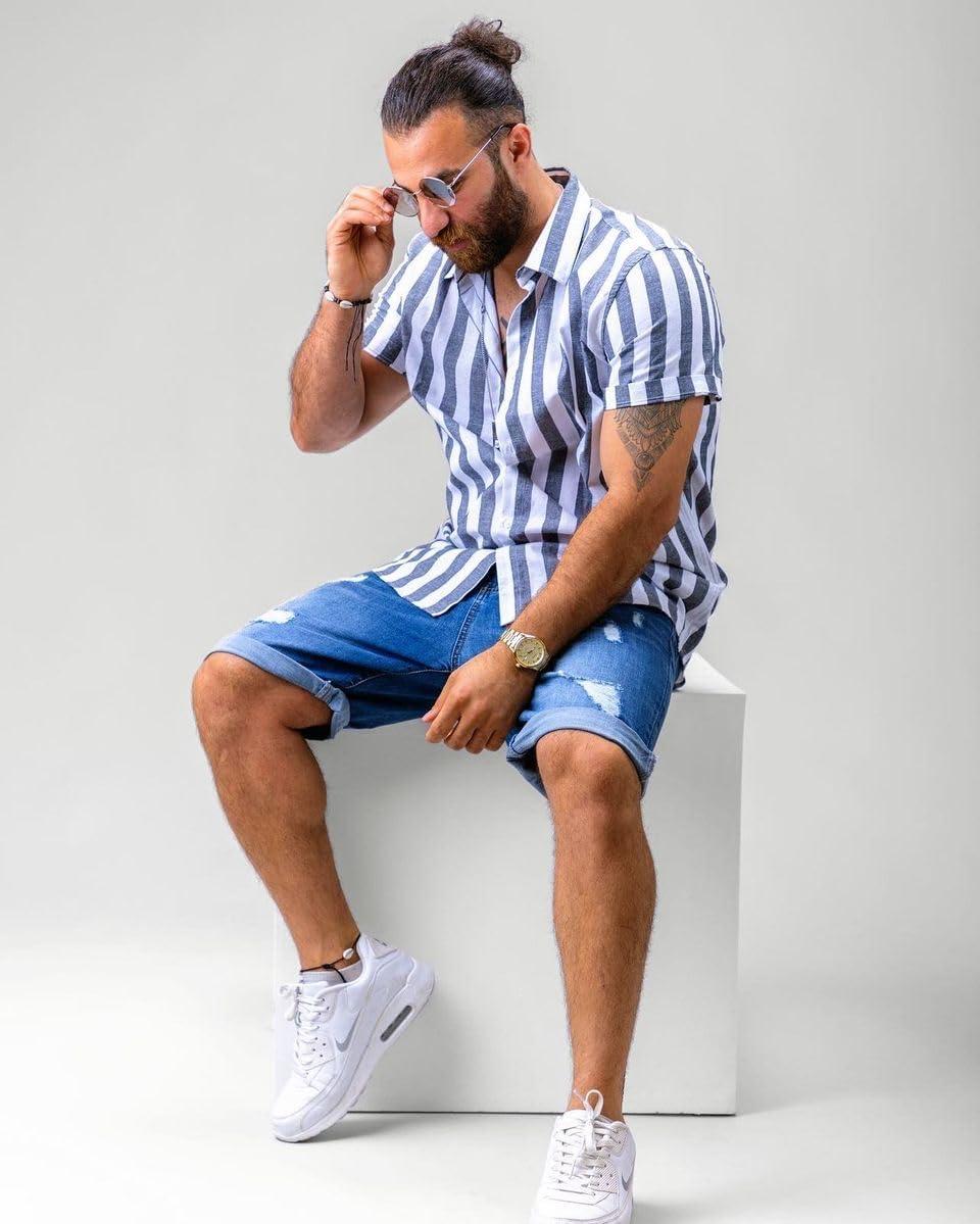 imageJMIERR Mens Shorts Casual Denim Stretch Slim Fit Washed Distressed Rolled Ripped Jean Shorts for MenA Blue