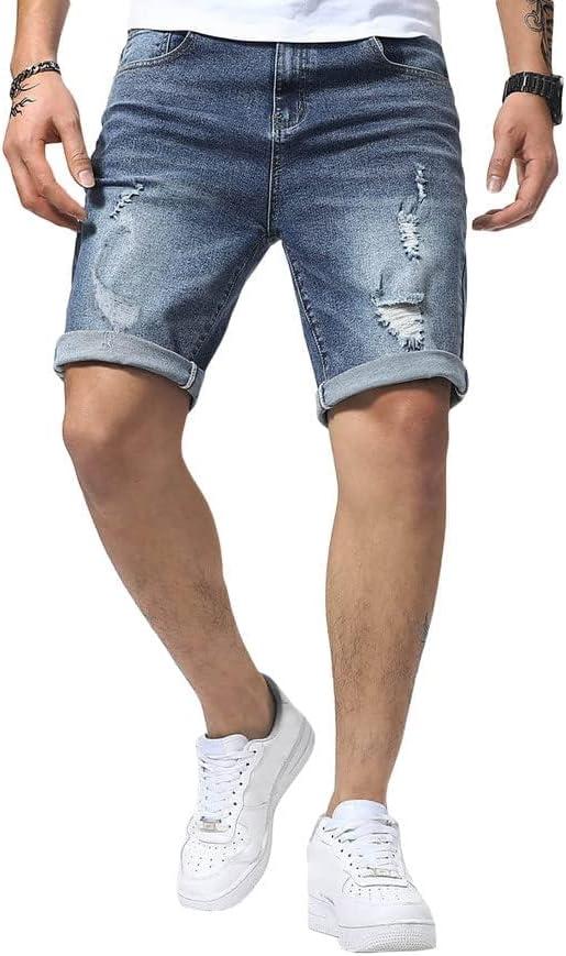 imageJMIERR Mens Shorts Casual Denim Stretch Slim Fit Washed Distressed Rolled Ripped Jean Shorts for MenA Blue