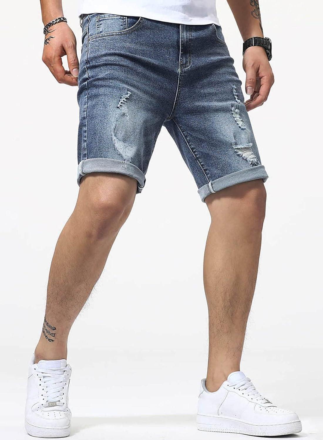 imageJMIERR Mens Shorts Casual Denim Stretch Slim Fit Washed Distressed Rolled Ripped Jean Shorts for MenA Blue