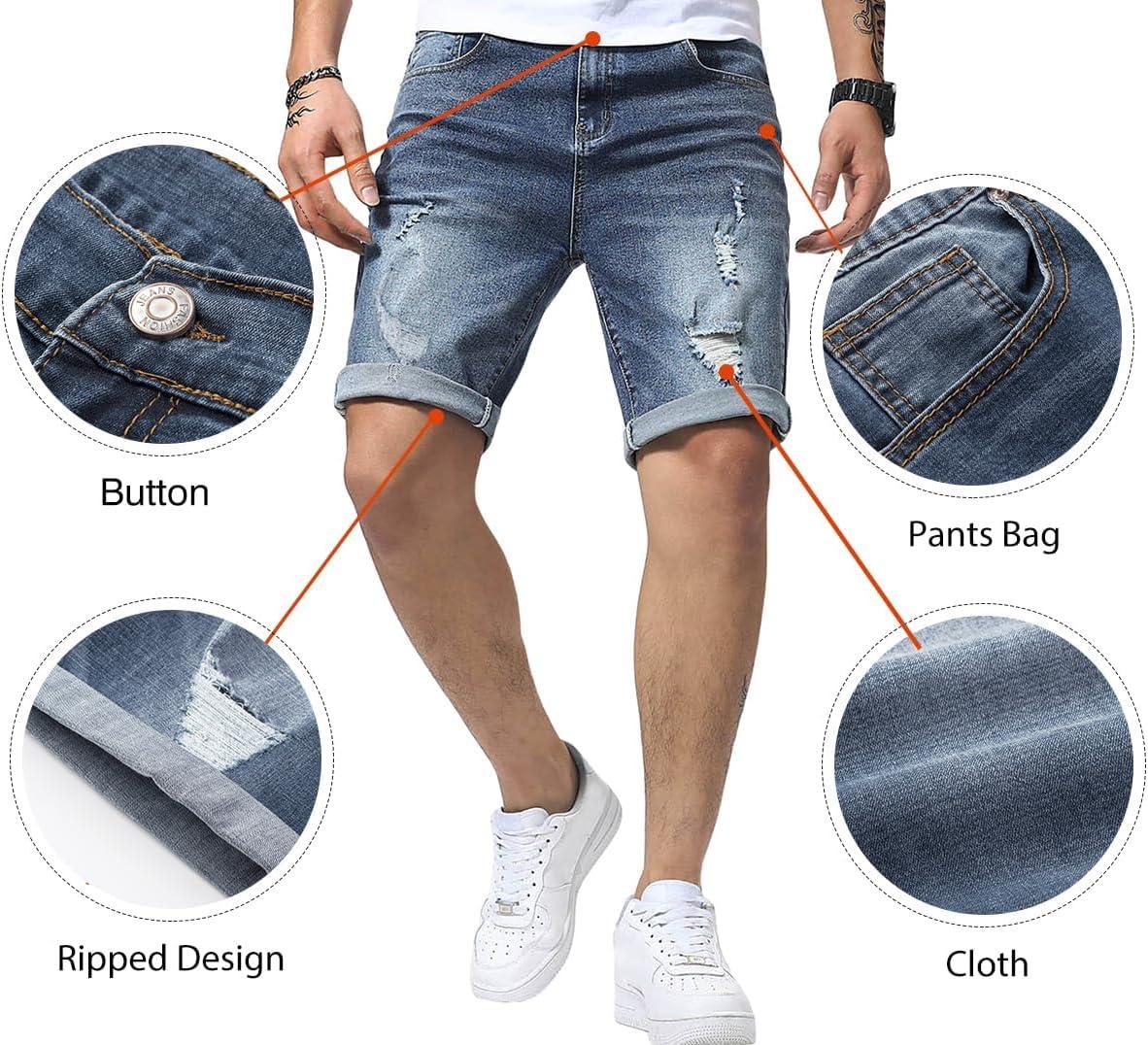 imageJMIERR Mens Shorts Casual Denim Stretch Slim Fit Washed Distressed Rolled Ripped Jean Shorts for MenA Blue