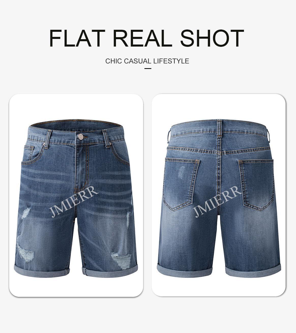 imageJMIERR Mens Shorts Casual Denim Stretch Slim Fit Washed Distressed Rolled Ripped Jean Shorts for MenA Blue