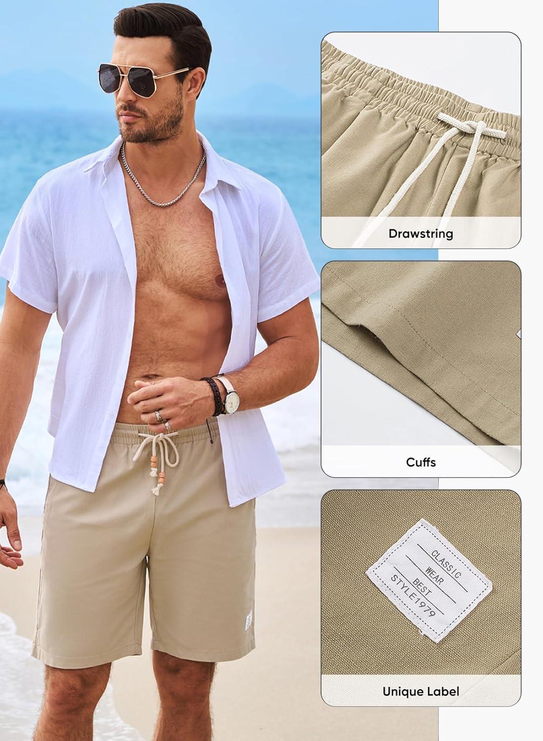 imageJMIERR Mens Shorts Linen Cotton 7quot Casual Elastic Waist Drawstring Lightweight Summer Beach Shorts with PocketsA1 Khaki