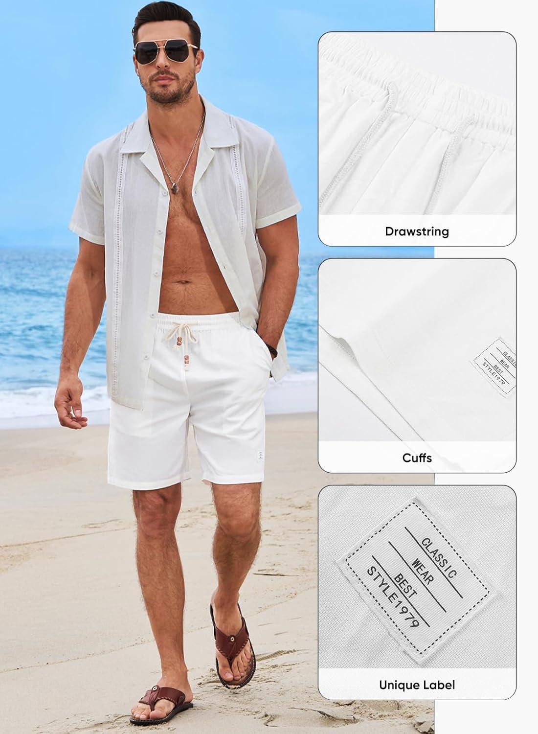 imageJMIERR Mens Shorts Linen Cotton 7quot Casual Elastic Waist Drawstring Lightweight Summer Beach Shorts with PocketsA2 White